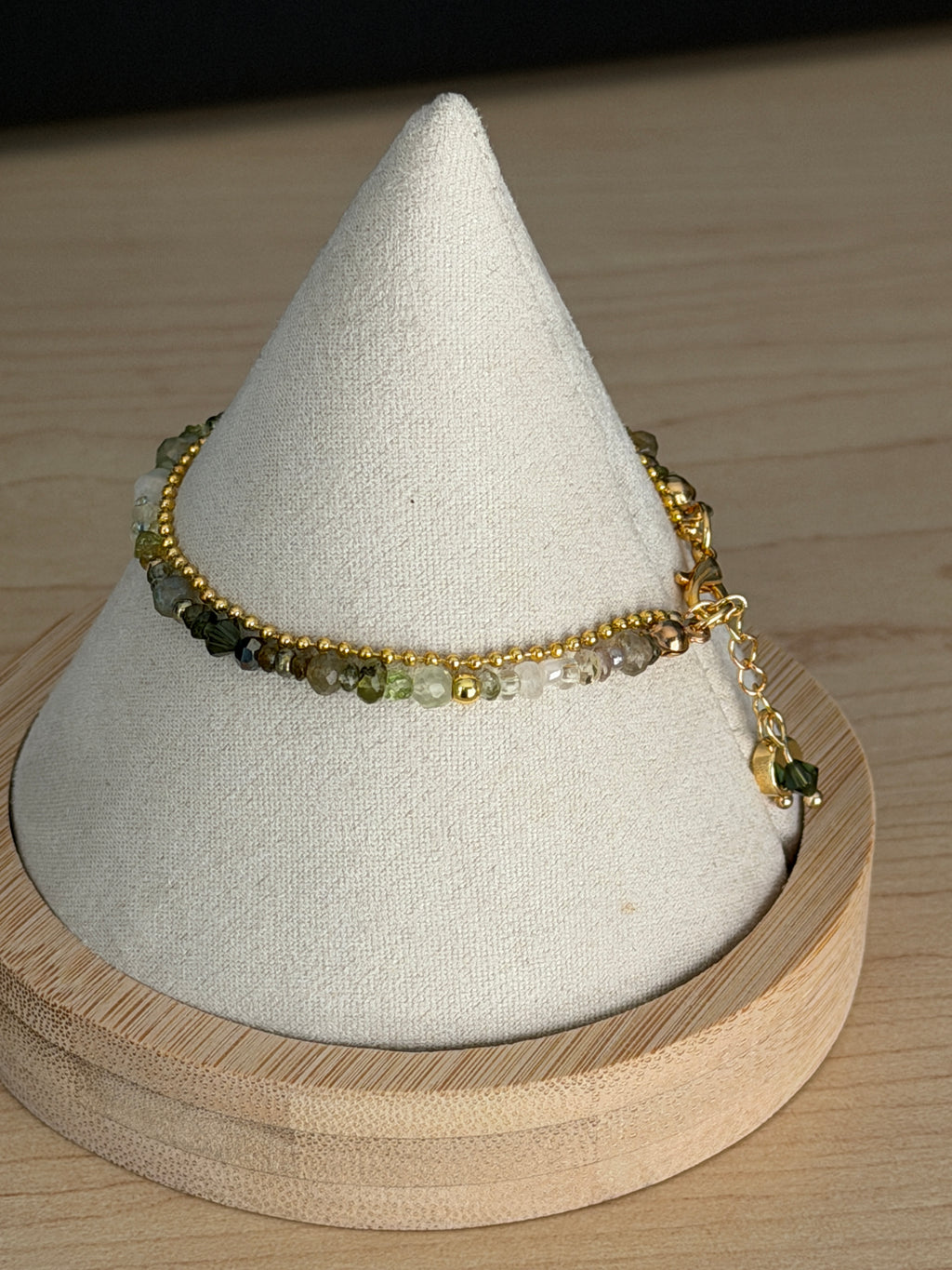 Duet bracelet #1 Mixed green gemstones and glass crystals with 14K gold plated accents