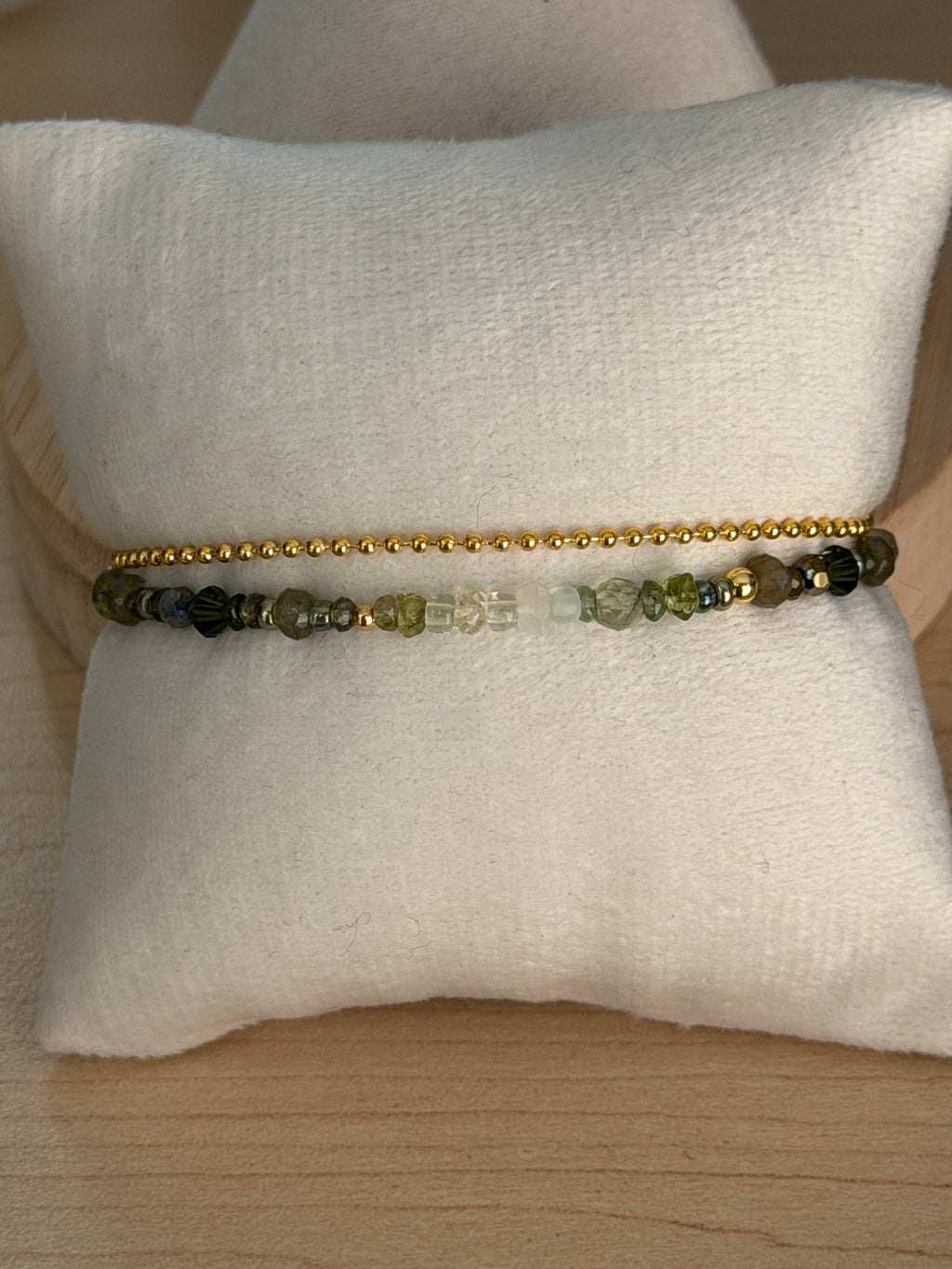 Duet bracelet #1 Mixed green gemstones and glass crystals with 14K gold plated accents