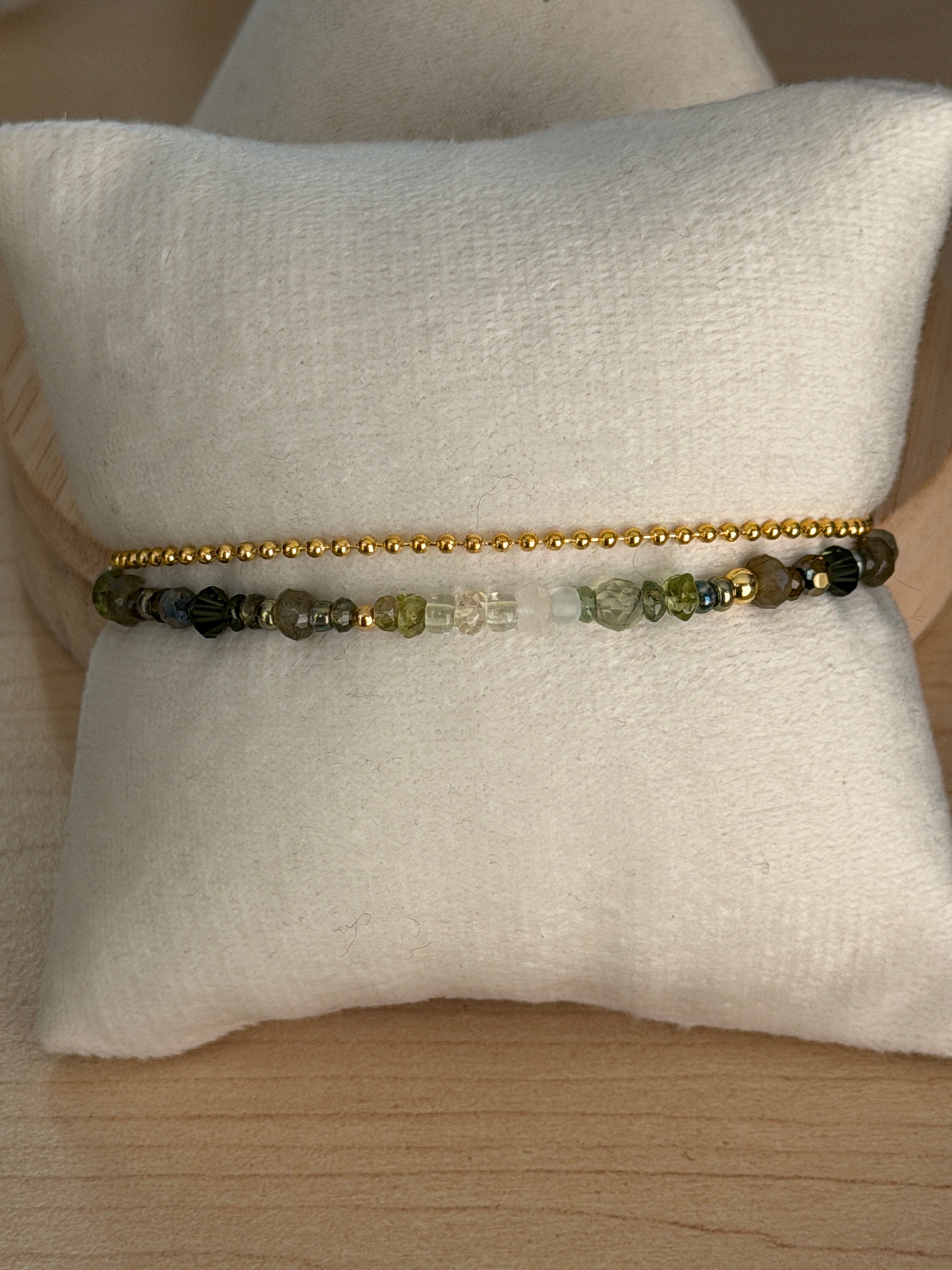 Duet bracelet #1 Mixed green gemstones and glass crystals with 14K gold plated accents