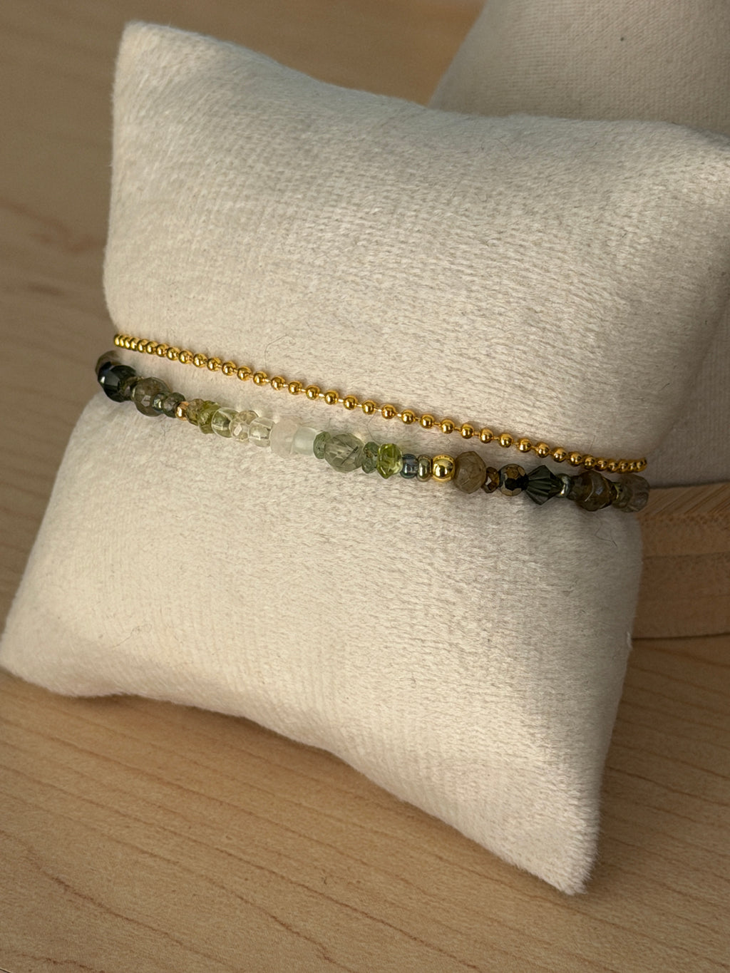 Duet bracelet #1 Mixed green gemstones and glass crystals with 14K gold plated accents
