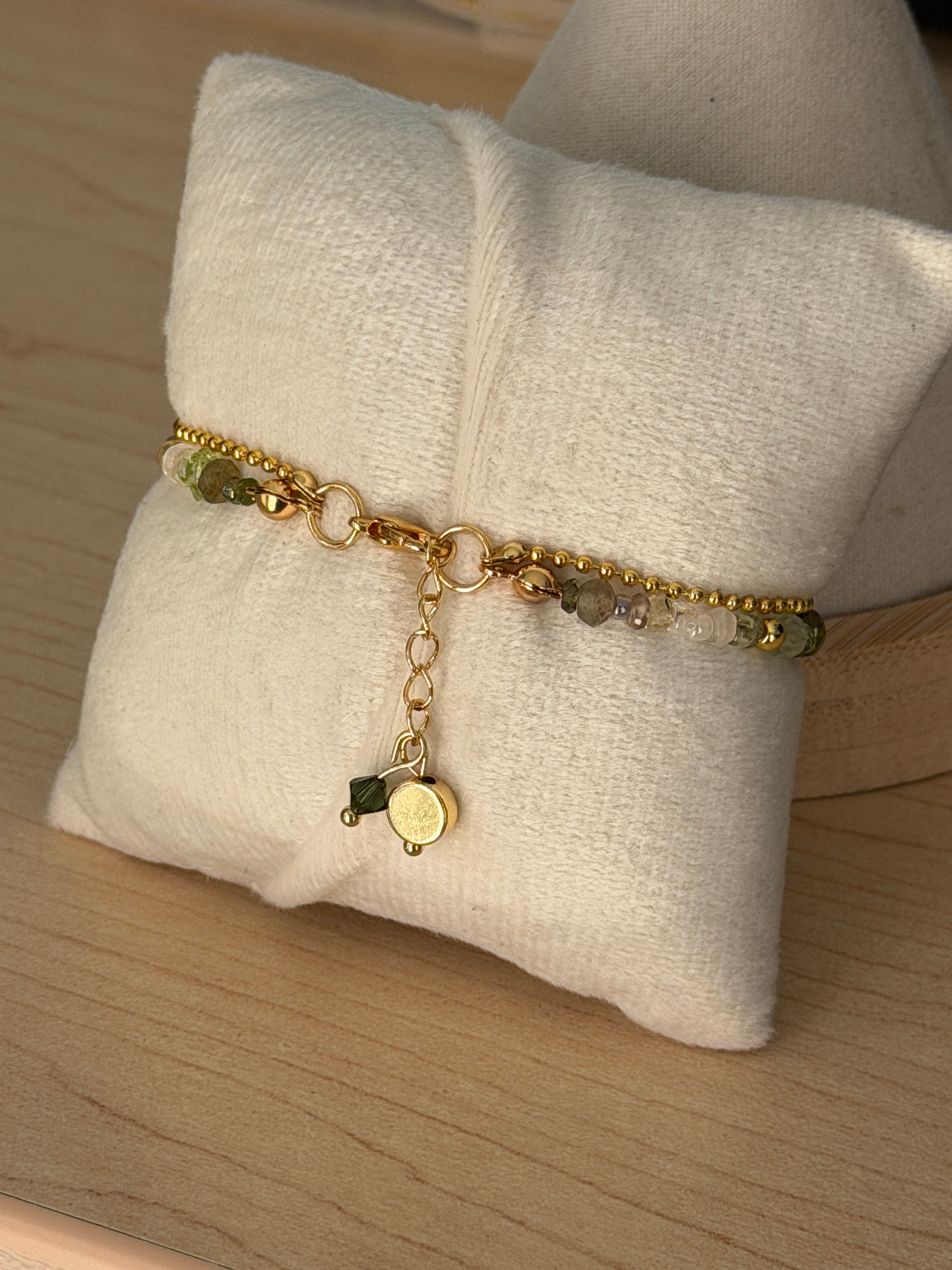 Duet bracelet #1 Mixed green gemstones and glass crystals with 14K gold plated accents