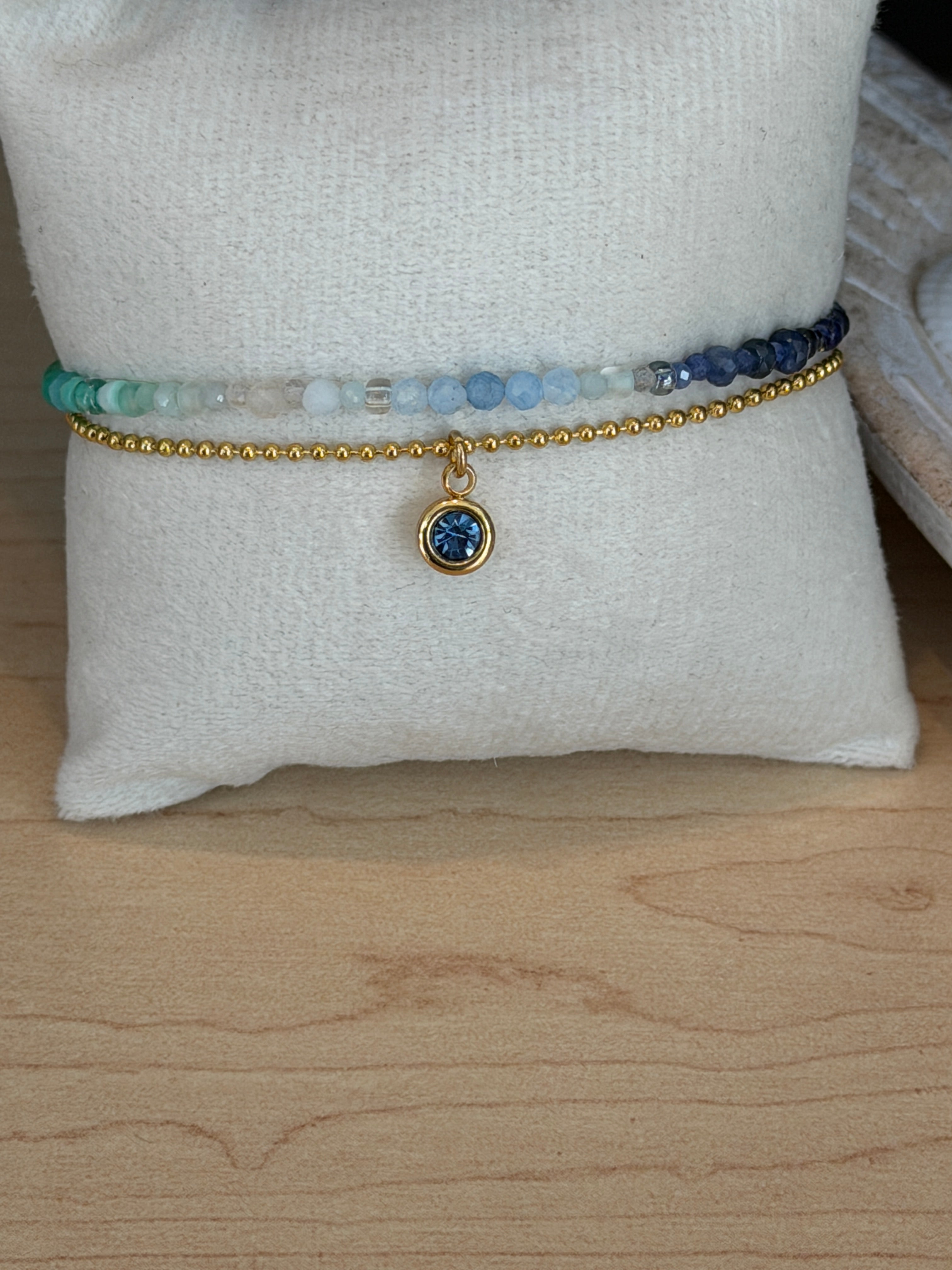 Duet bracelet #19 Mixed gemstones and glass beads with Crystal Charm