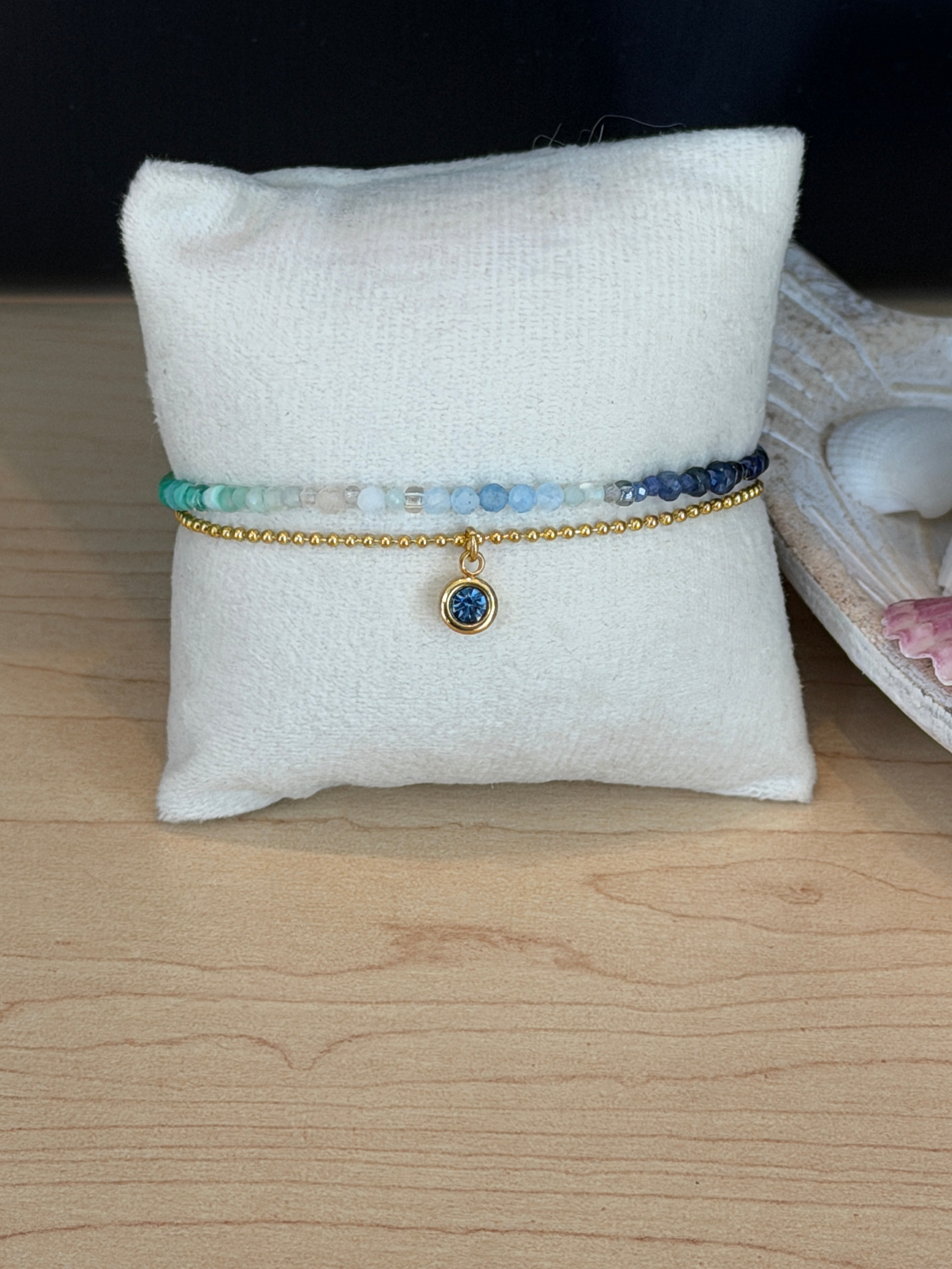 Duet bracelet #19 Mixed gemstones and glass beads with Crystal Charm
