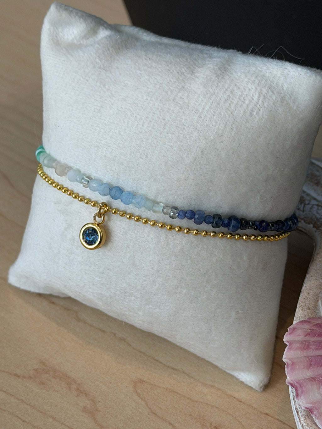 Duet bracelet #19 Mixed gemstones and glass beads with Crystal Charm