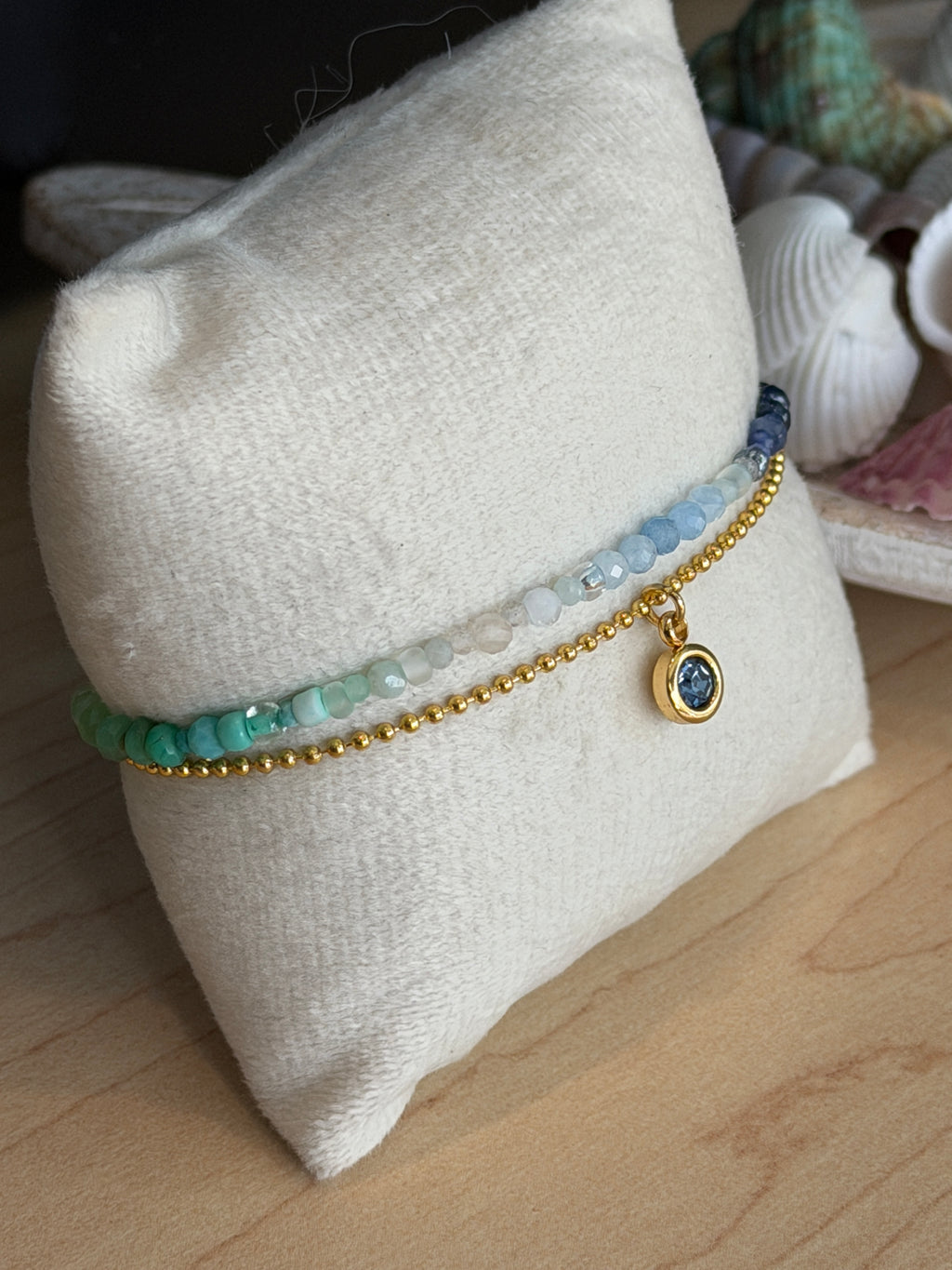 Duet bracelet #19 Mixed gemstones and glass beads with Crystal Charm