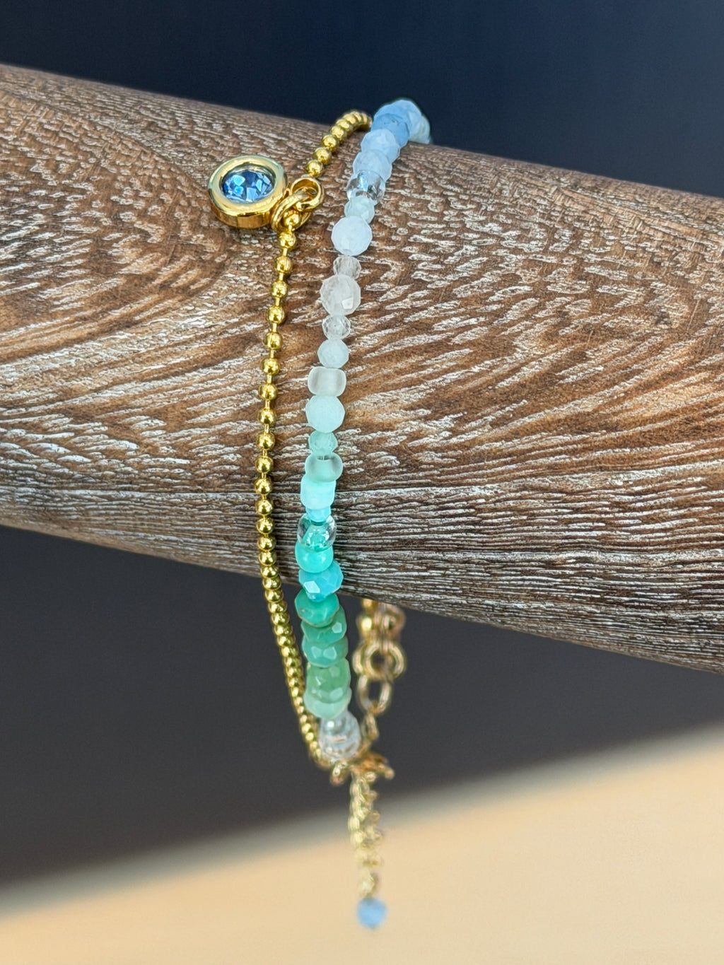 Duet bracelet #19 Mixed gemstones and glass beads with Crystal Charm
