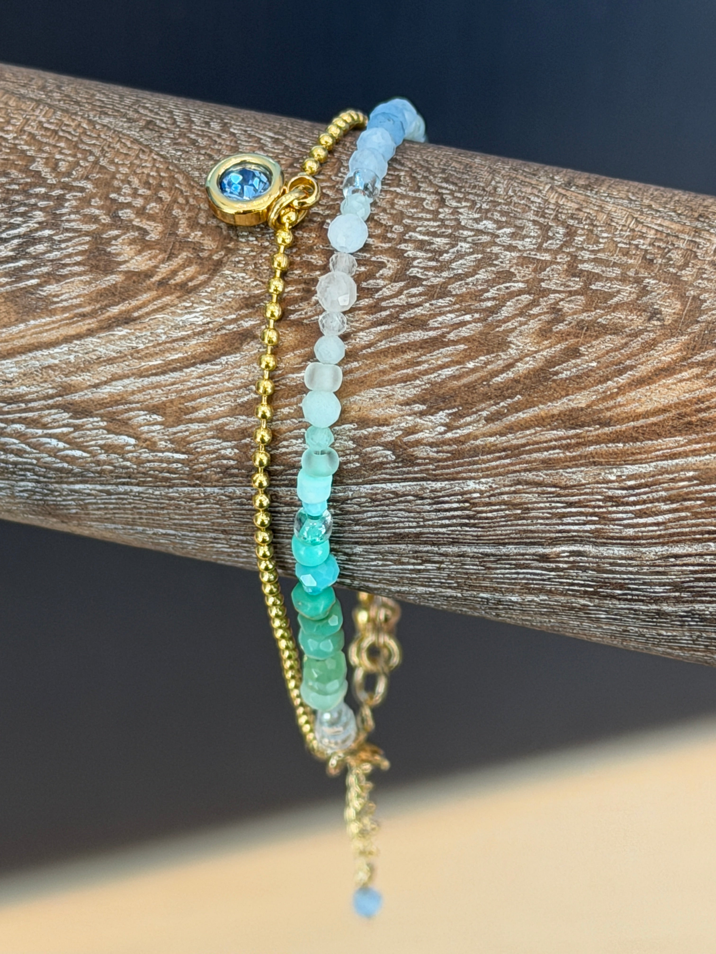 Duet bracelet #19 Mixed gemstones and glass beads with Crystal Charm