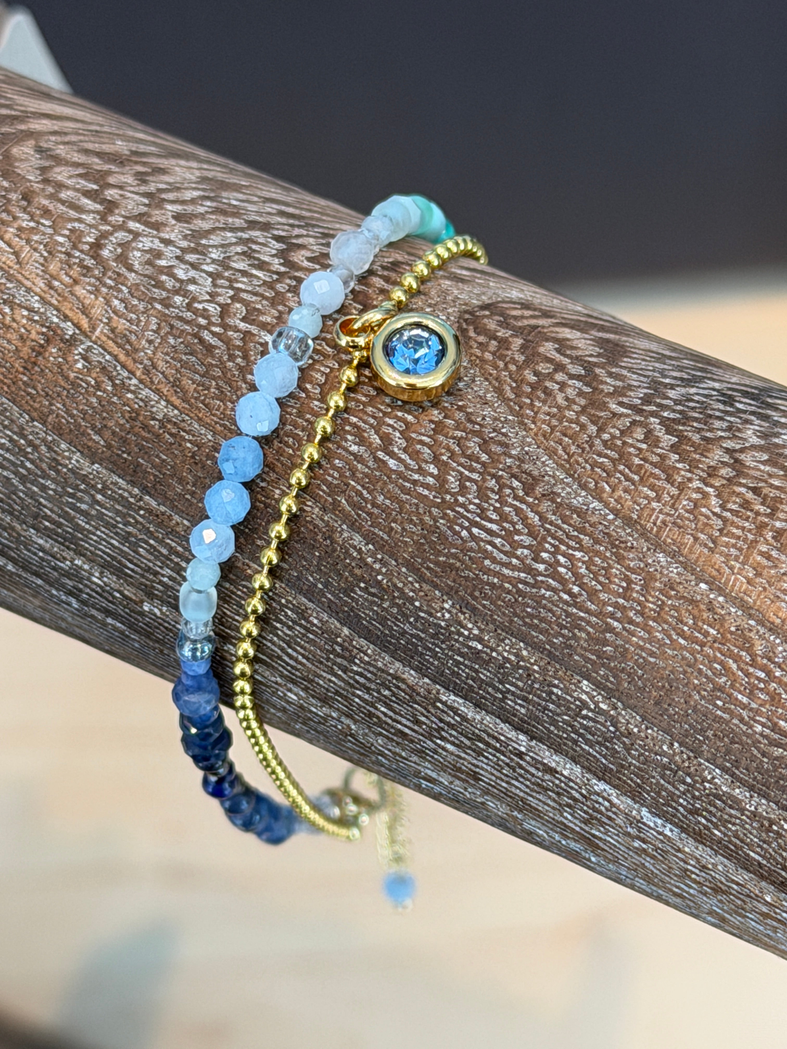 Duet bracelet #19 Mixed gemstones and glass beads with Crystal Charm