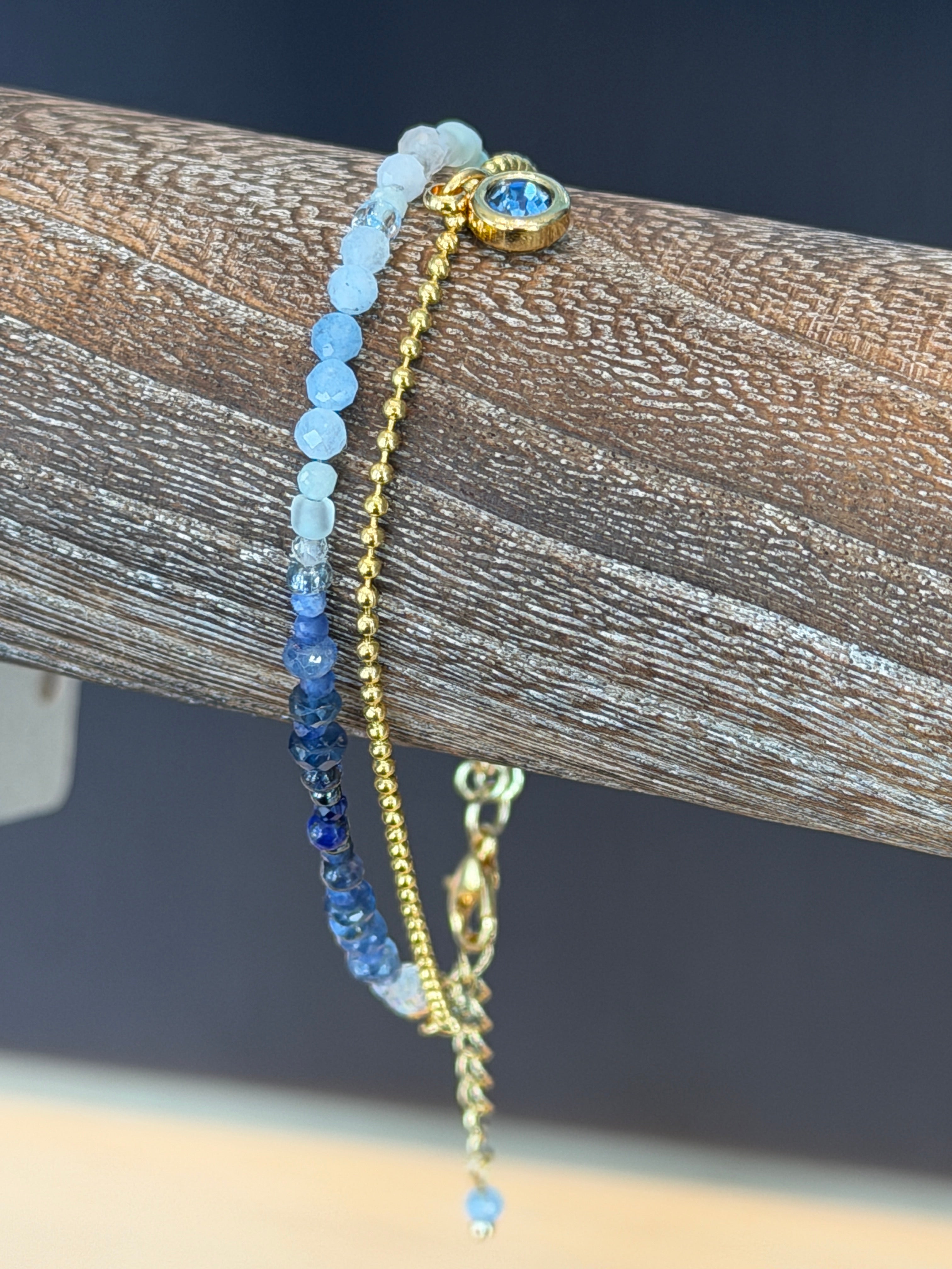 Duet bracelet #19 Mixed gemstones and glass beads with Crystal Charm
