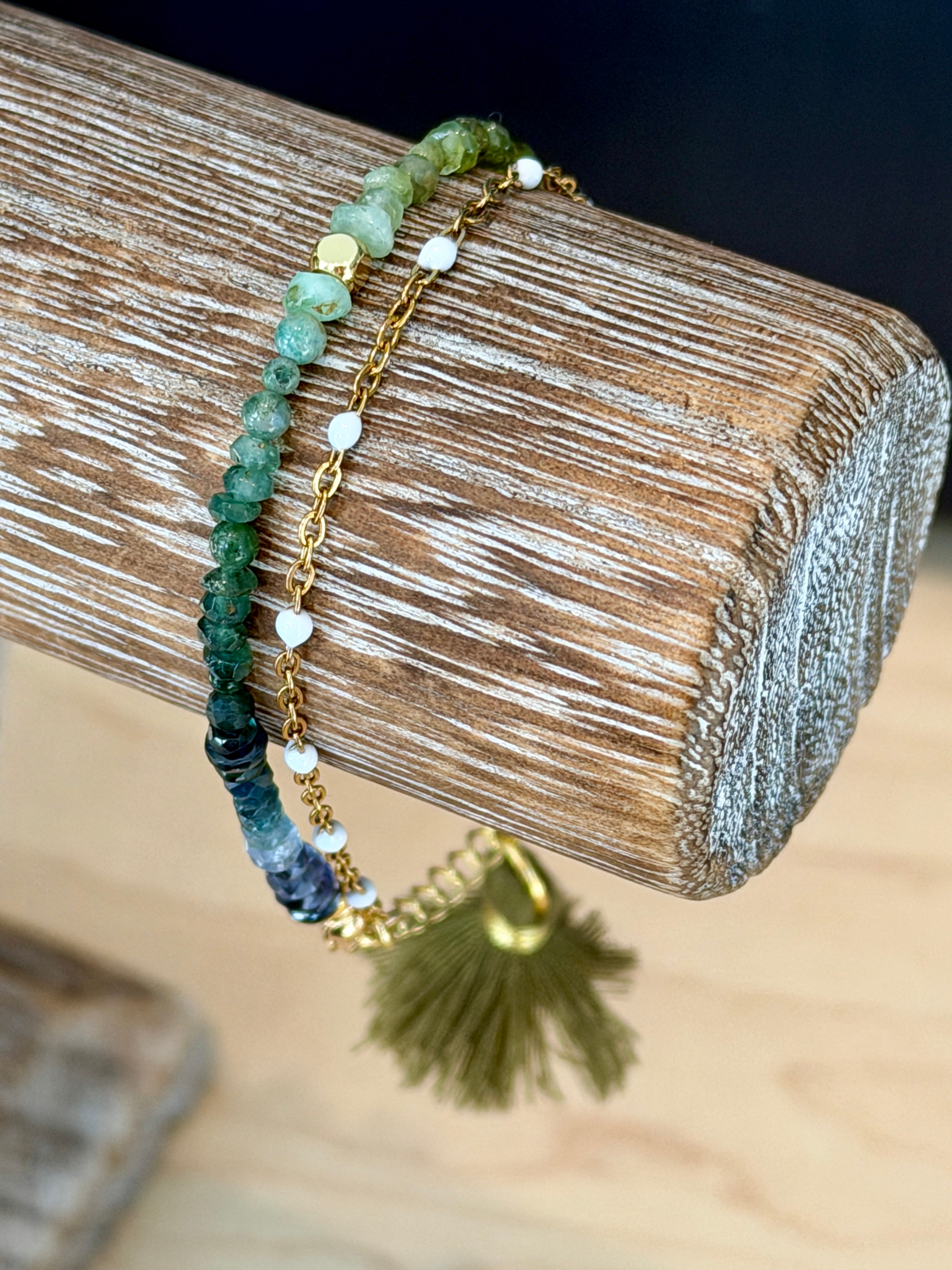 Duet bracelet #18 Mixed gemstones and glass crystals with 14K gold plated accents