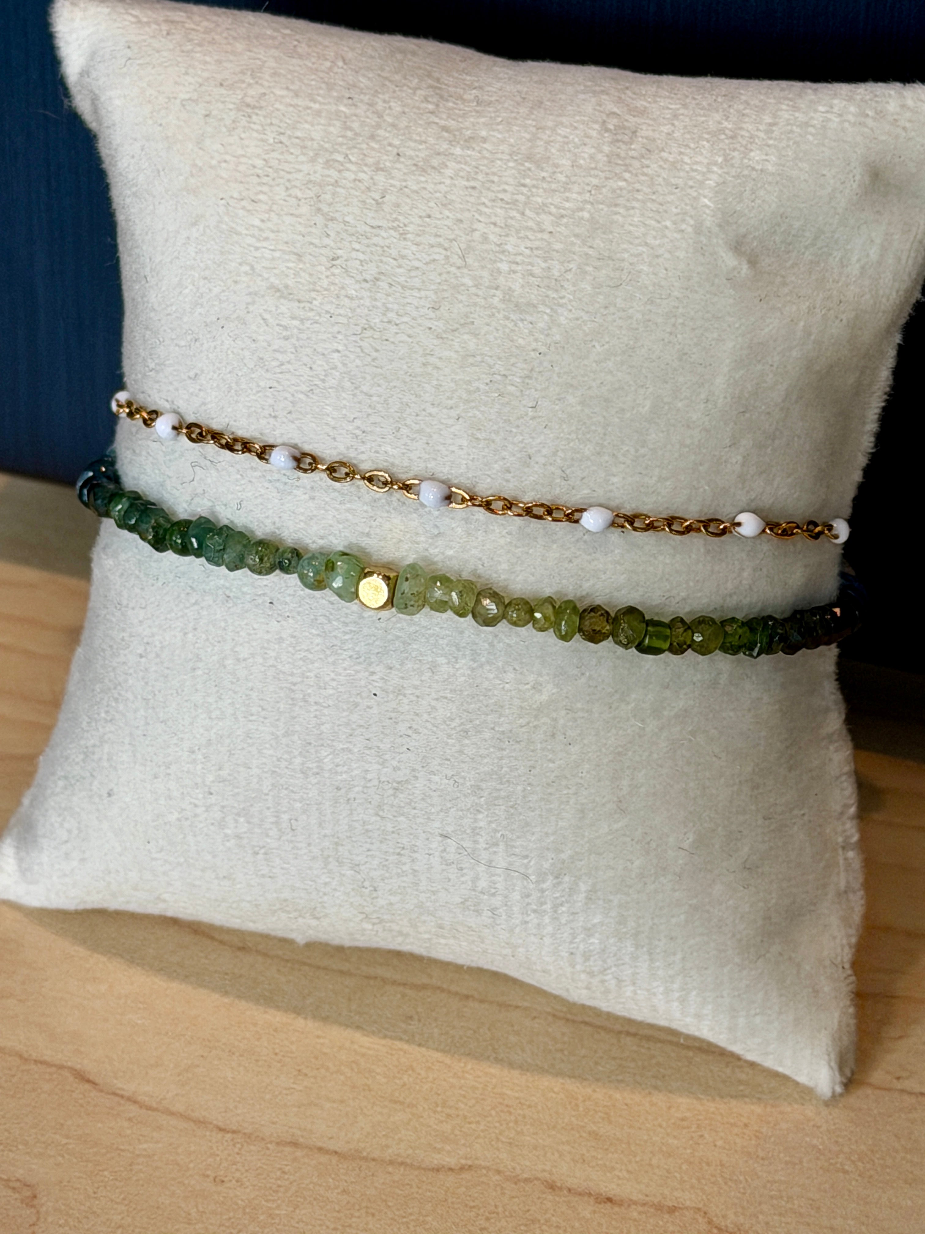 Duet bracelet #18 Mixed gemstones and glass crystals with 14K gold plated accents
