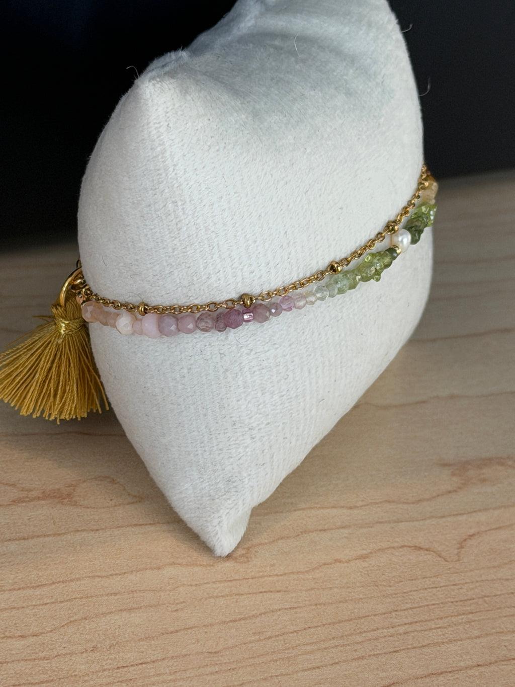 Duet bracelet #20 mixed gemstones, freshwater pearl, and tassel