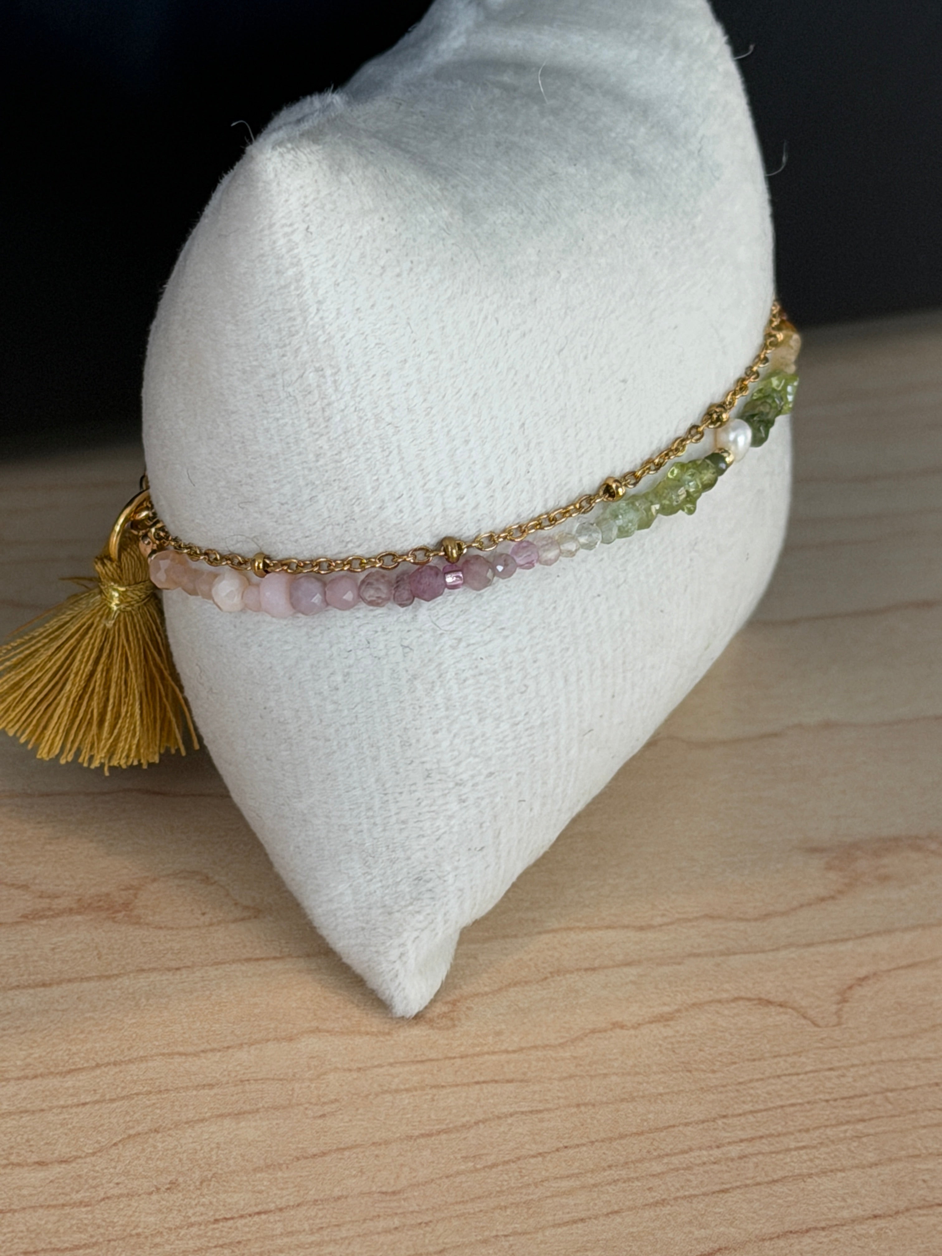 Duet bracelet #20 mixed gemstones, freshwater pearl, and tassel