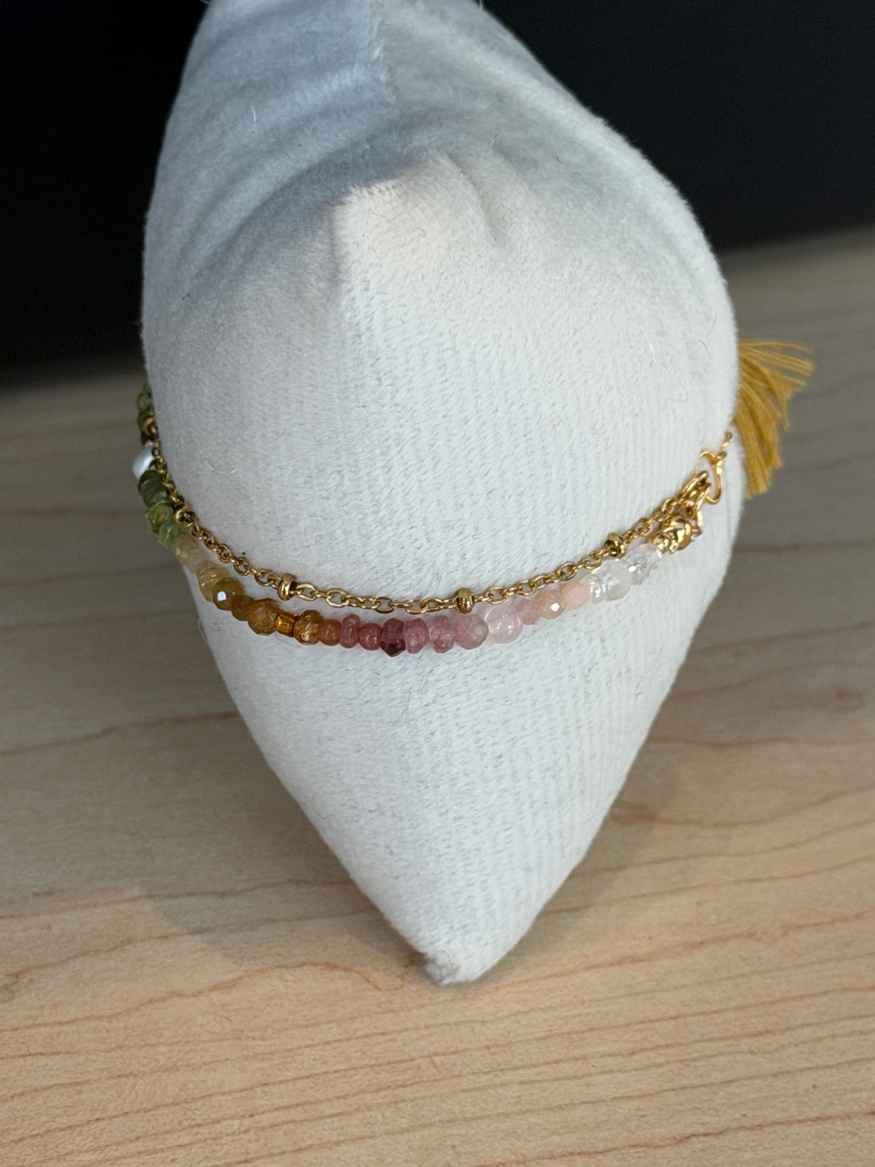 Duet bracelet #20 mixed gemstones, freshwater pearl, and tassel