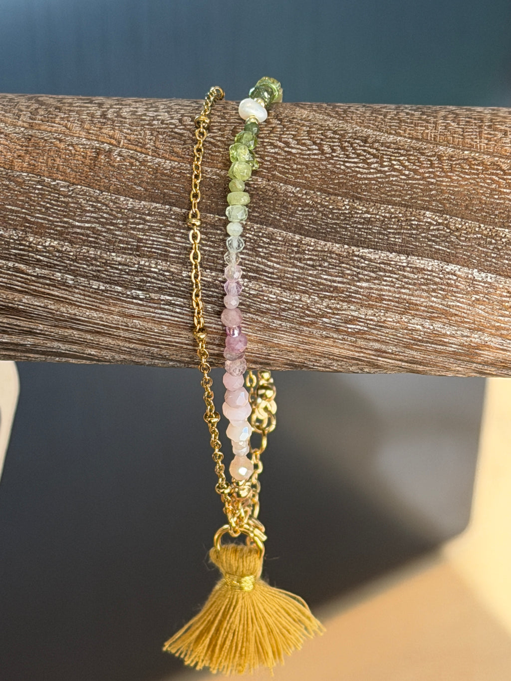 Duet bracelet #20 mixed gemstones, freshwater pearl, and tassel