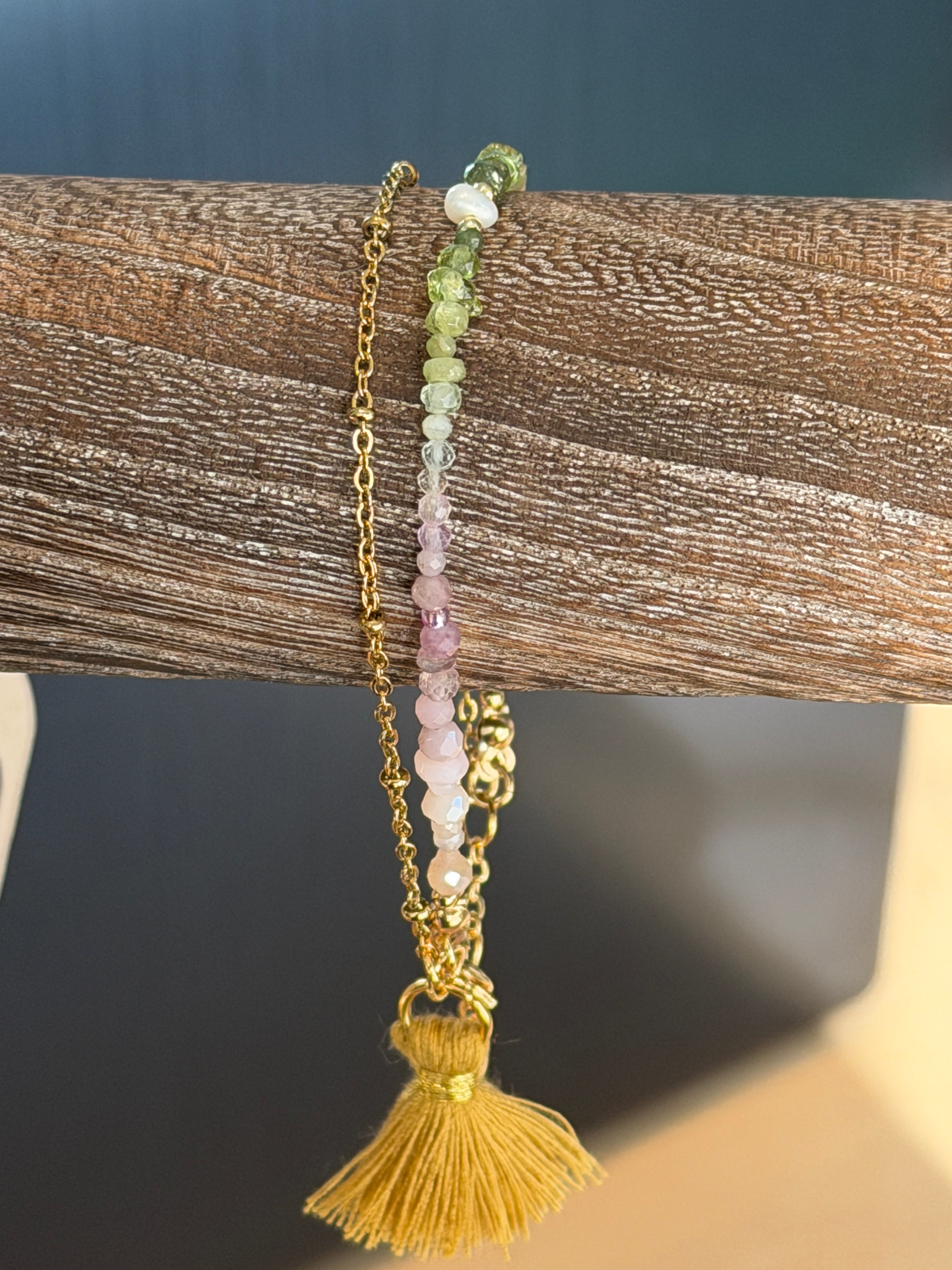 Duet bracelet #20 mixed gemstones, freshwater pearl, and tassel
