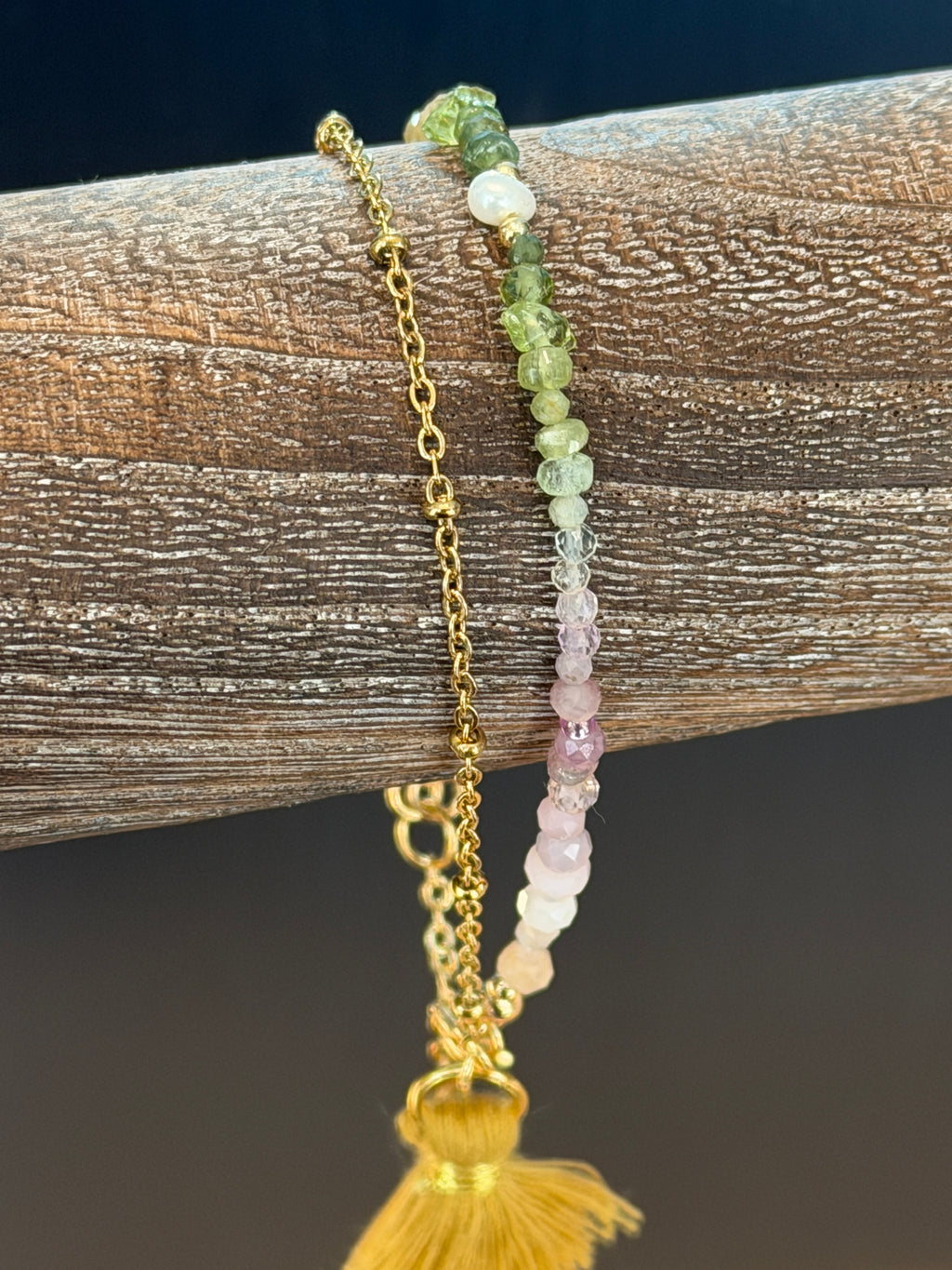 Duet bracelet #20 mixed gemstones, freshwater pearl, and tassel