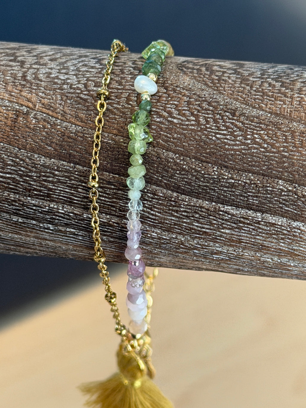 Duet bracelet #20 mixed gemstones, freshwater pearl, and tassel