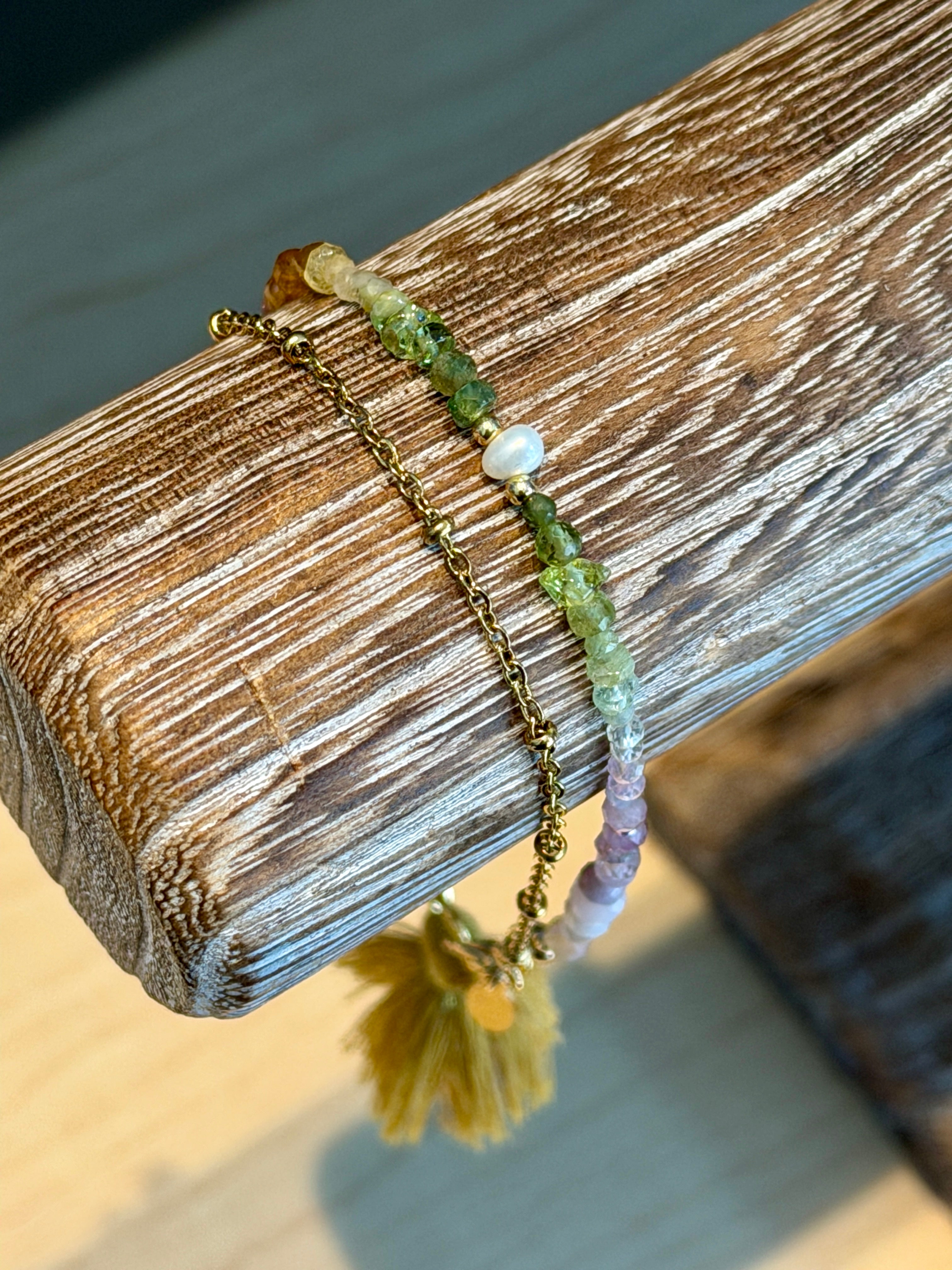 Duet bracelet #20 mixed gemstones, freshwater pearl, and tassel