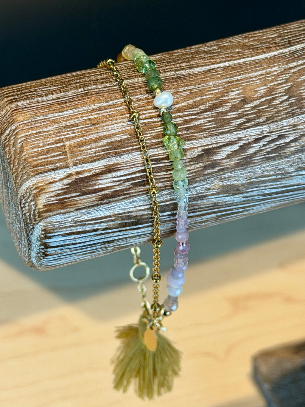 Duet bracelet #20 mixed gemstones, freshwater pearl, and tassel