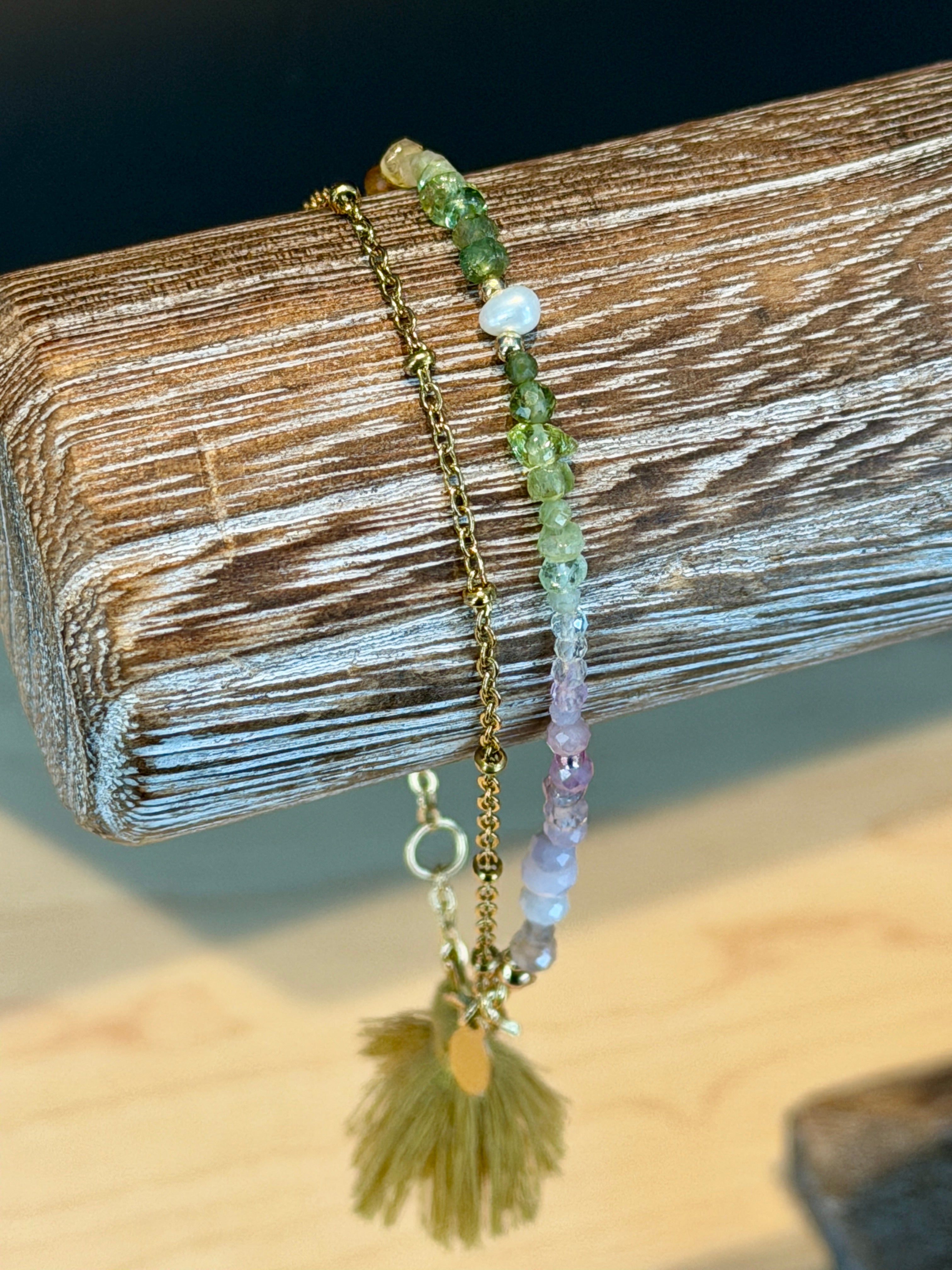 Duet bracelet #20 mixed gemstones, freshwater pearl, and tassel