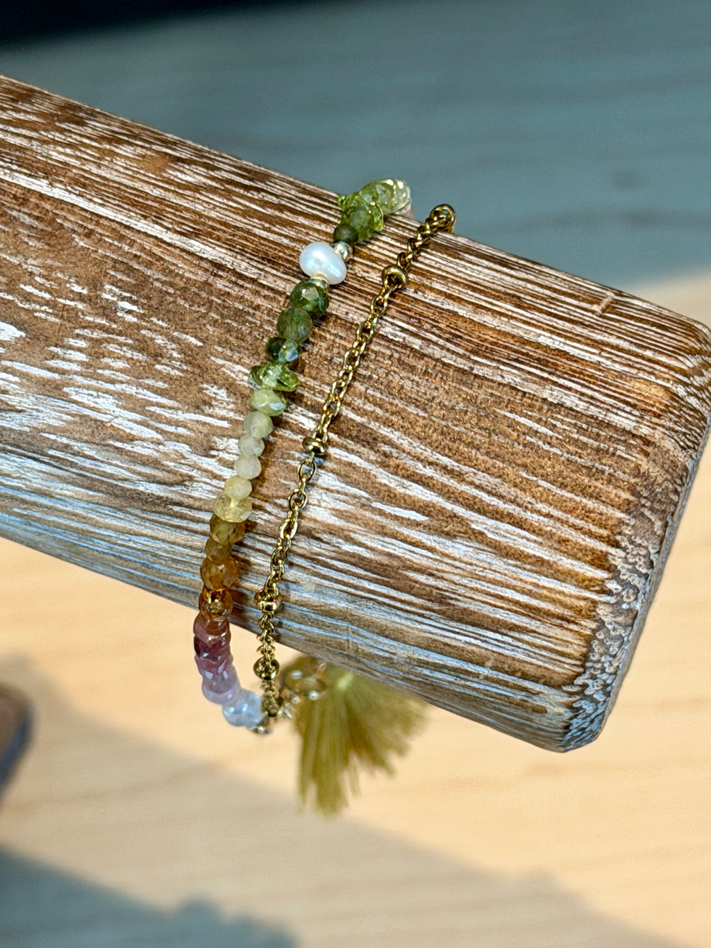 Duet bracelet #20 mixed gemstones, freshwater pearl, and tassel