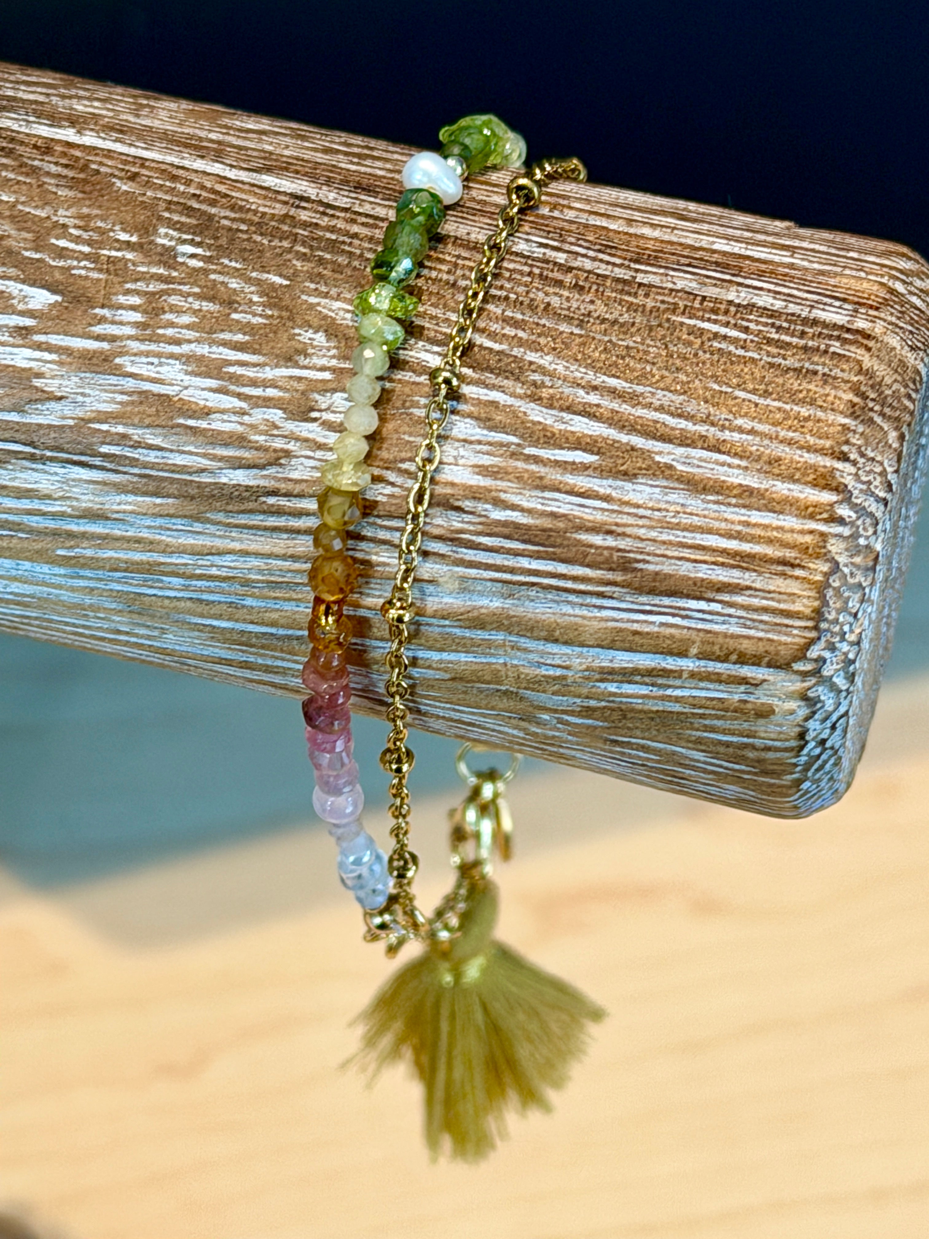 Duet bracelet #20 mixed gemstones, freshwater pearl, and tassel