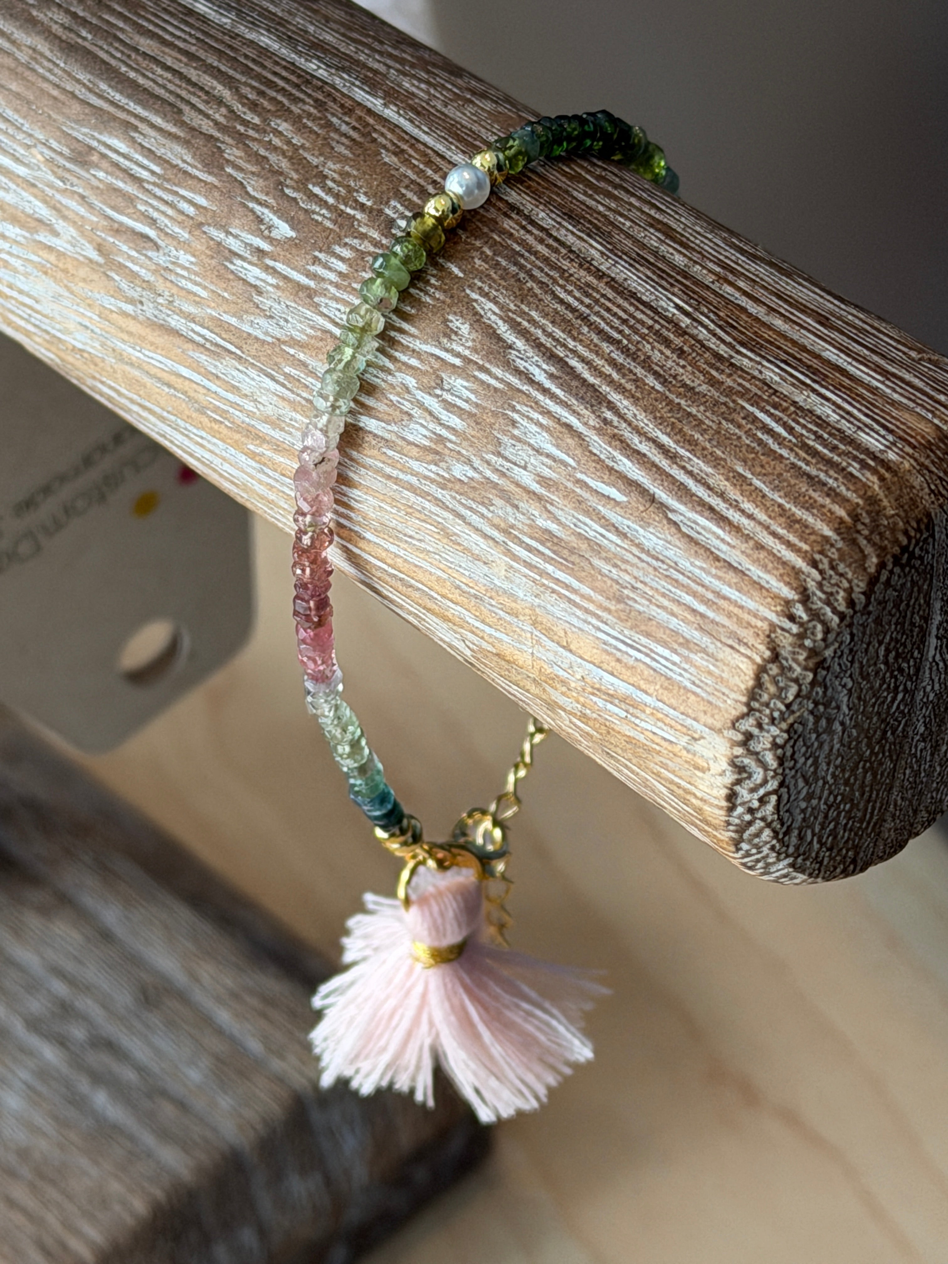 Aria bracelet #2 Tourmaline gemstones, freshwater pearls, pink tassel