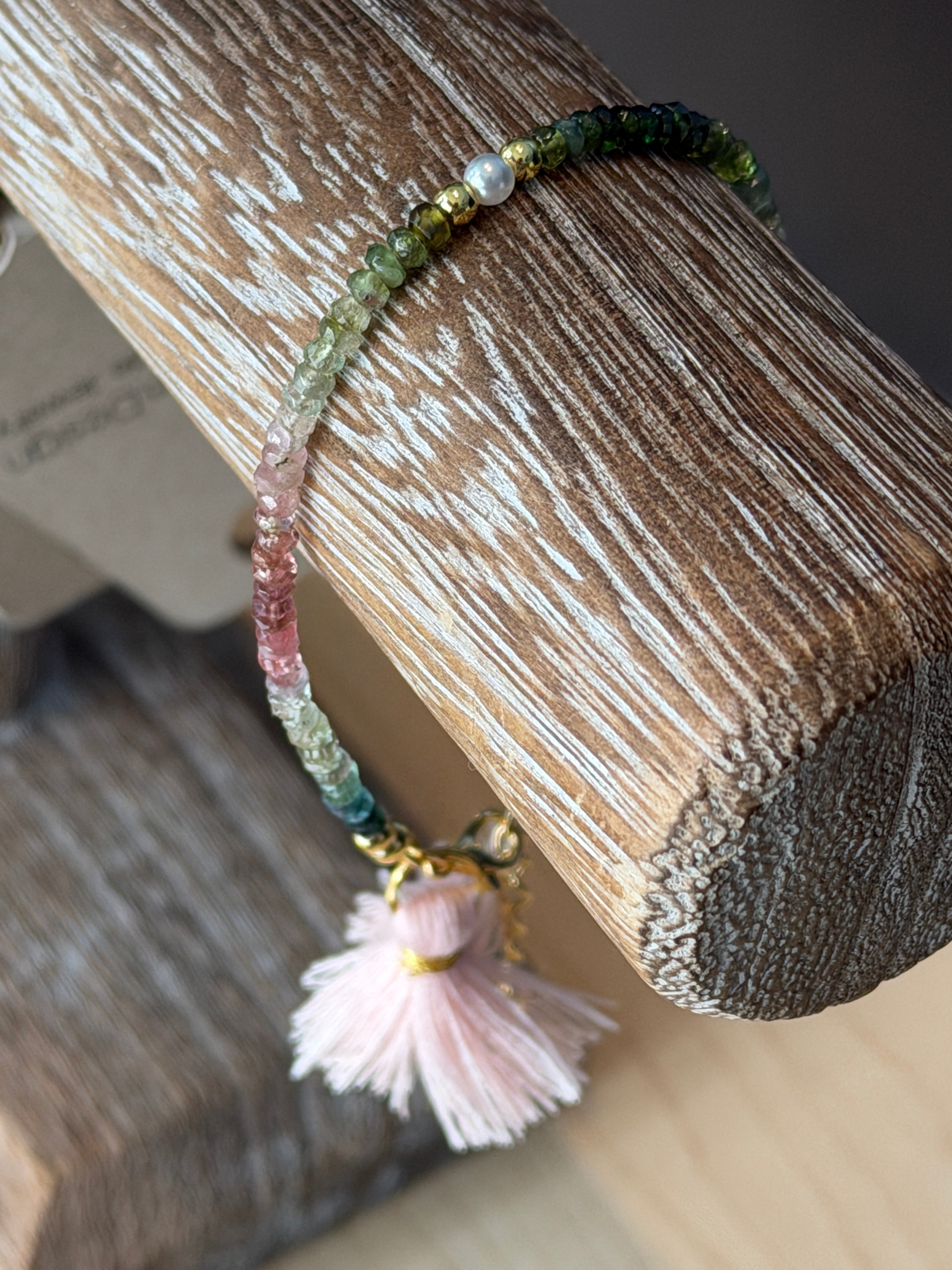 Aria bracelet #2 Tourmaline gemstones, freshwater pearls, pink tassel