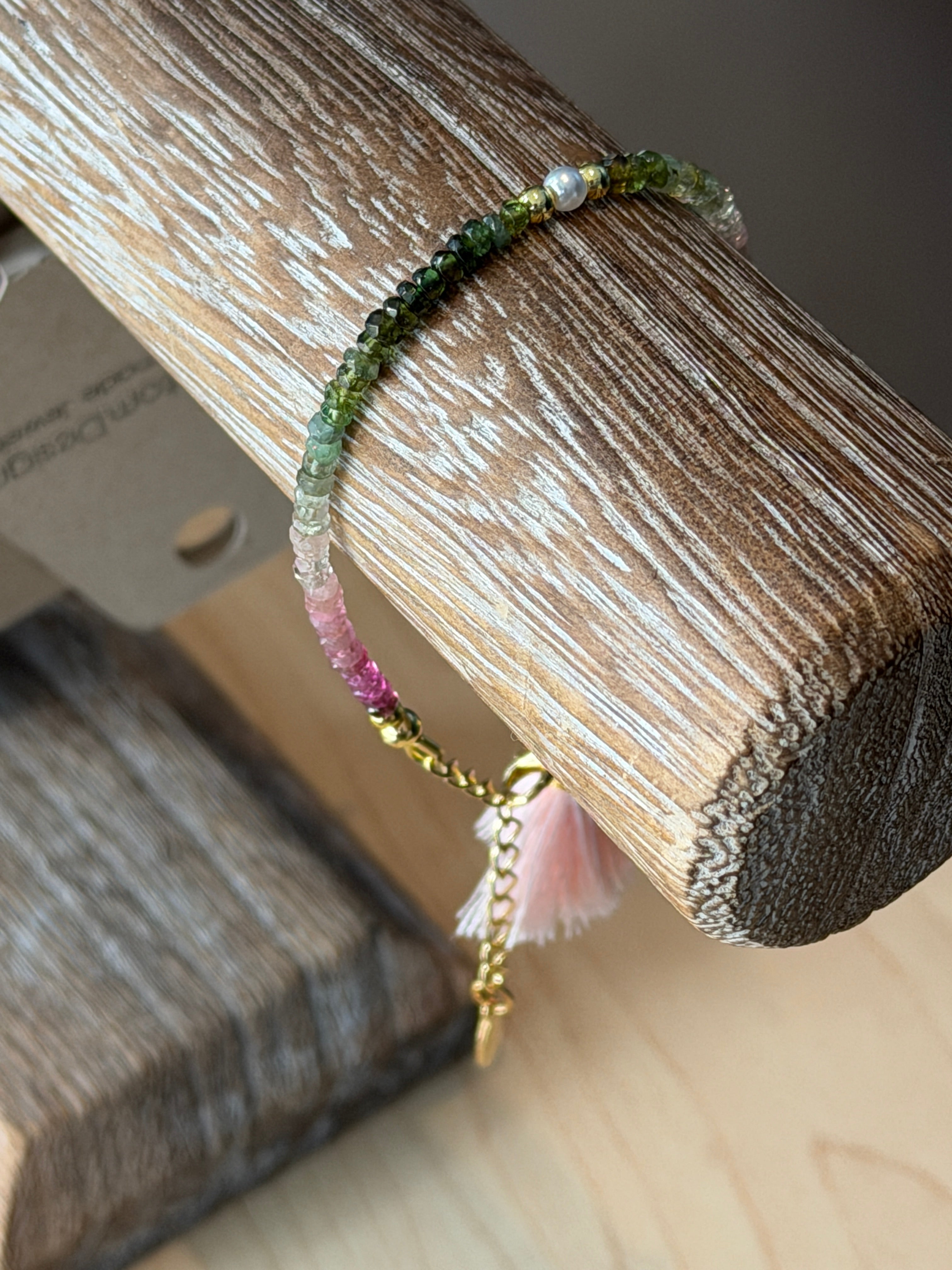 Aria bracelet #2 Tourmaline gemstones, freshwater pearls, pink tassel