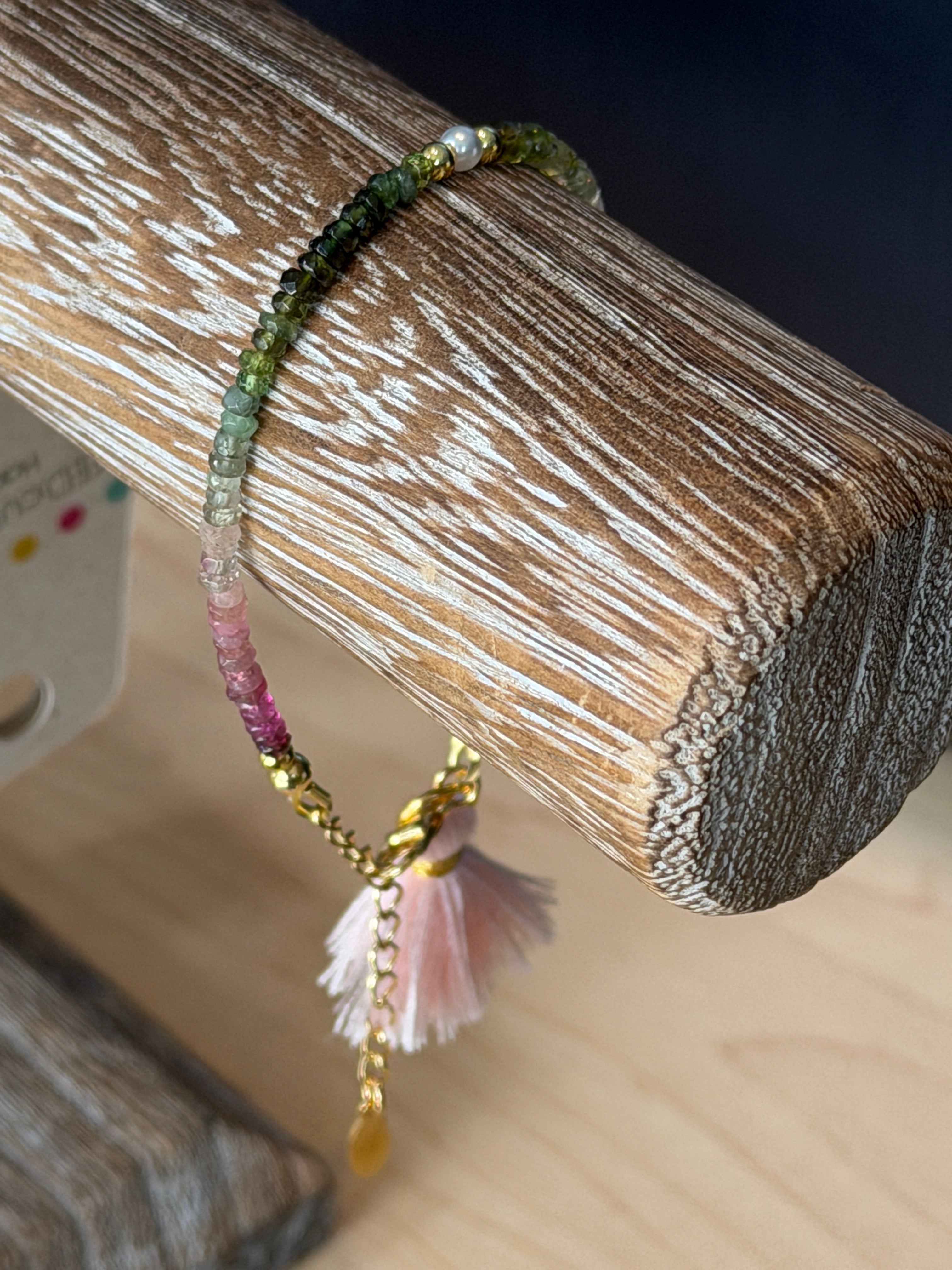 Aria bracelet #2 Tourmaline gemstones, freshwater pearls, pink tassel