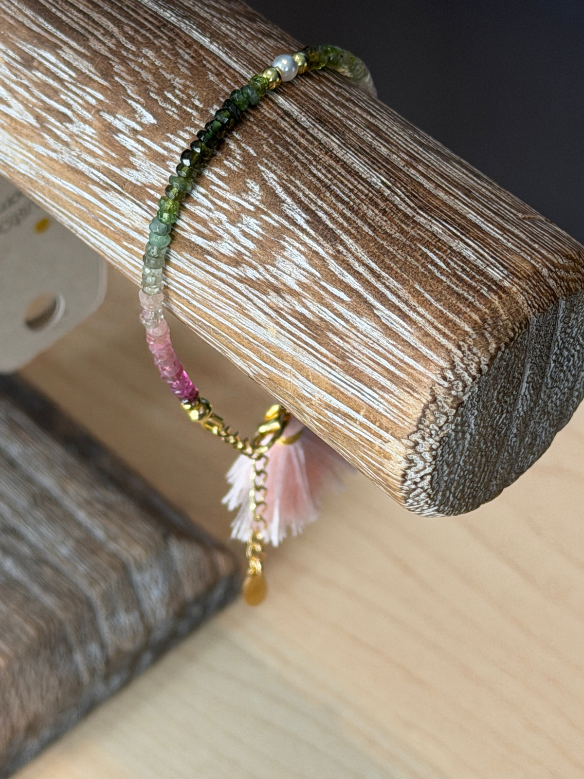 Aria bracelet #2 Tourmaline gemstones, freshwater pearls, pink tassel