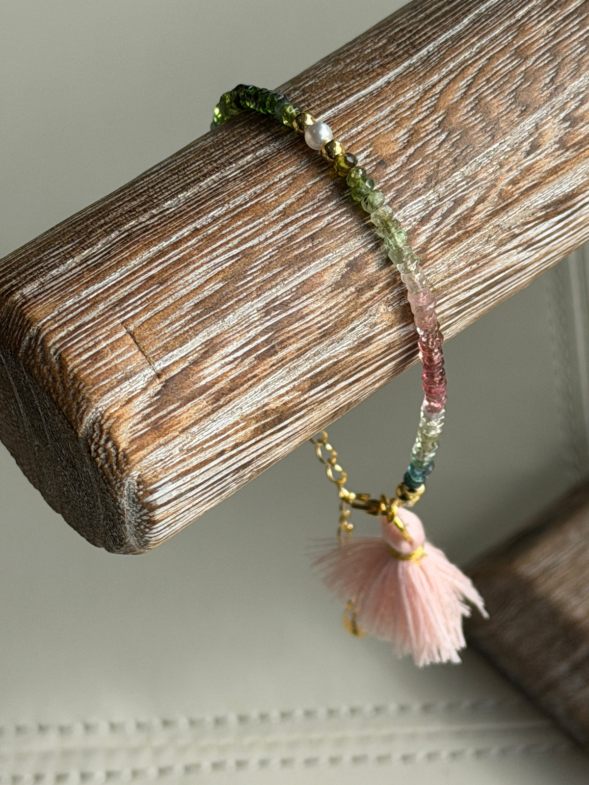 Aria bracelet #2 Tourmaline gemstones, freshwater pearls, pink tassel