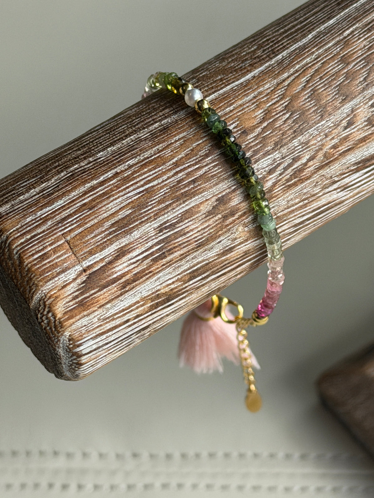Aria bracelet #2 Tourmaline gemstones, freshwater pearls, pink tassel