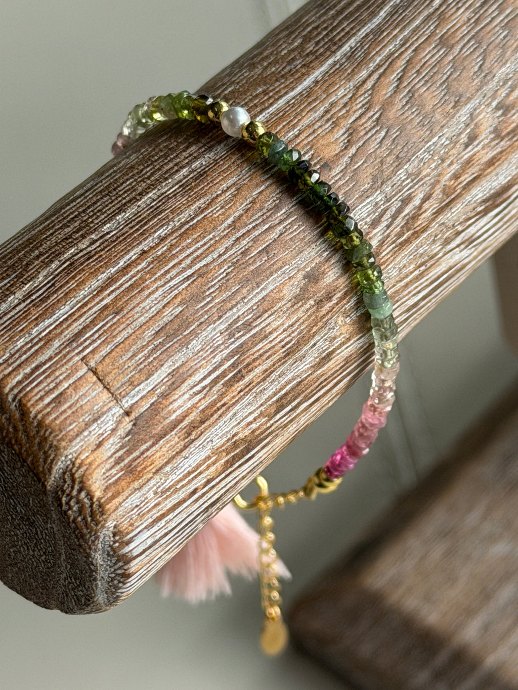 Aria bracelet #2 Tourmaline gemstones, freshwater pearls, pink tassel