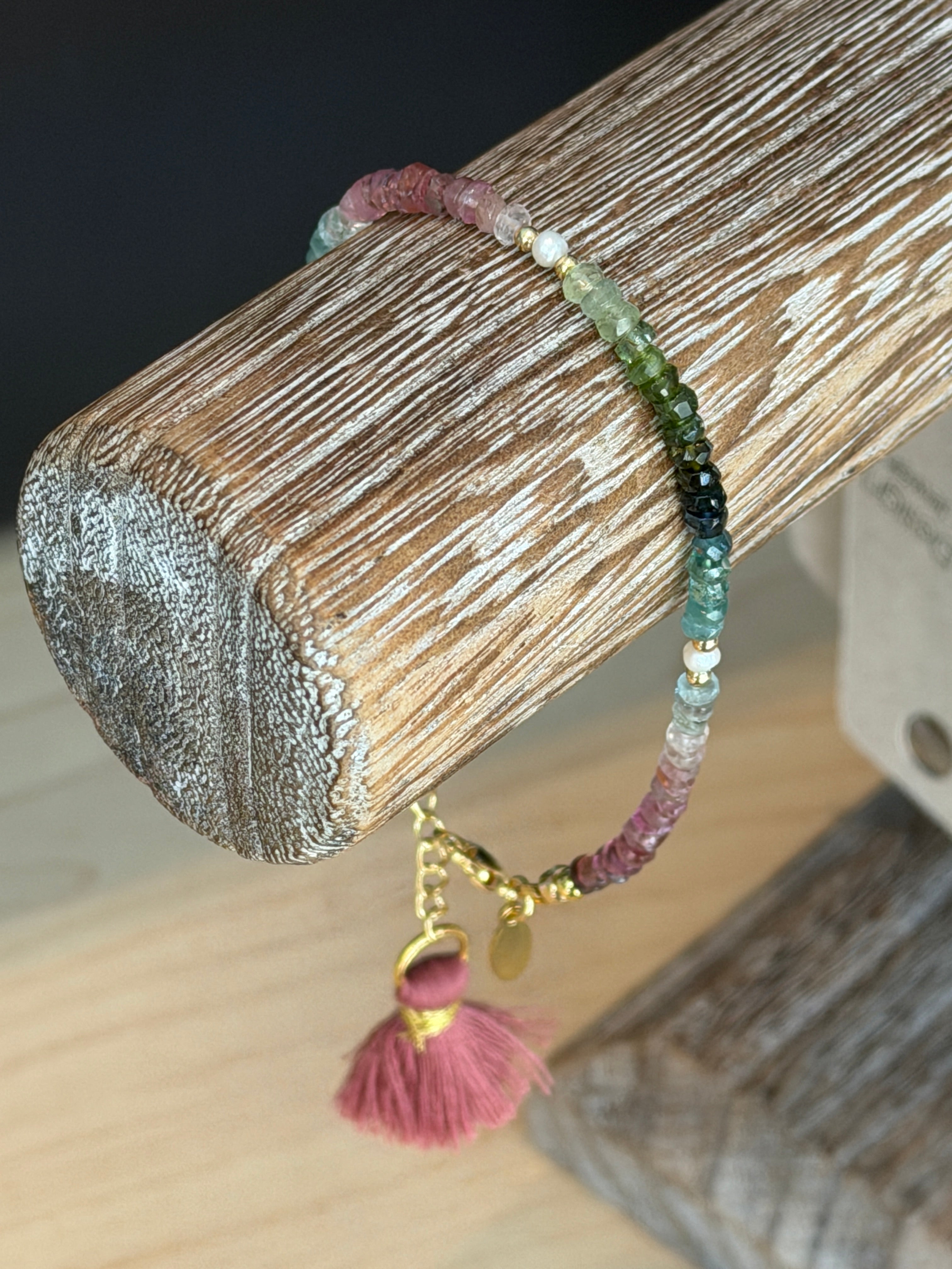 Aria bracelet #5 Tourmaline, freshwater pearl, tassel*