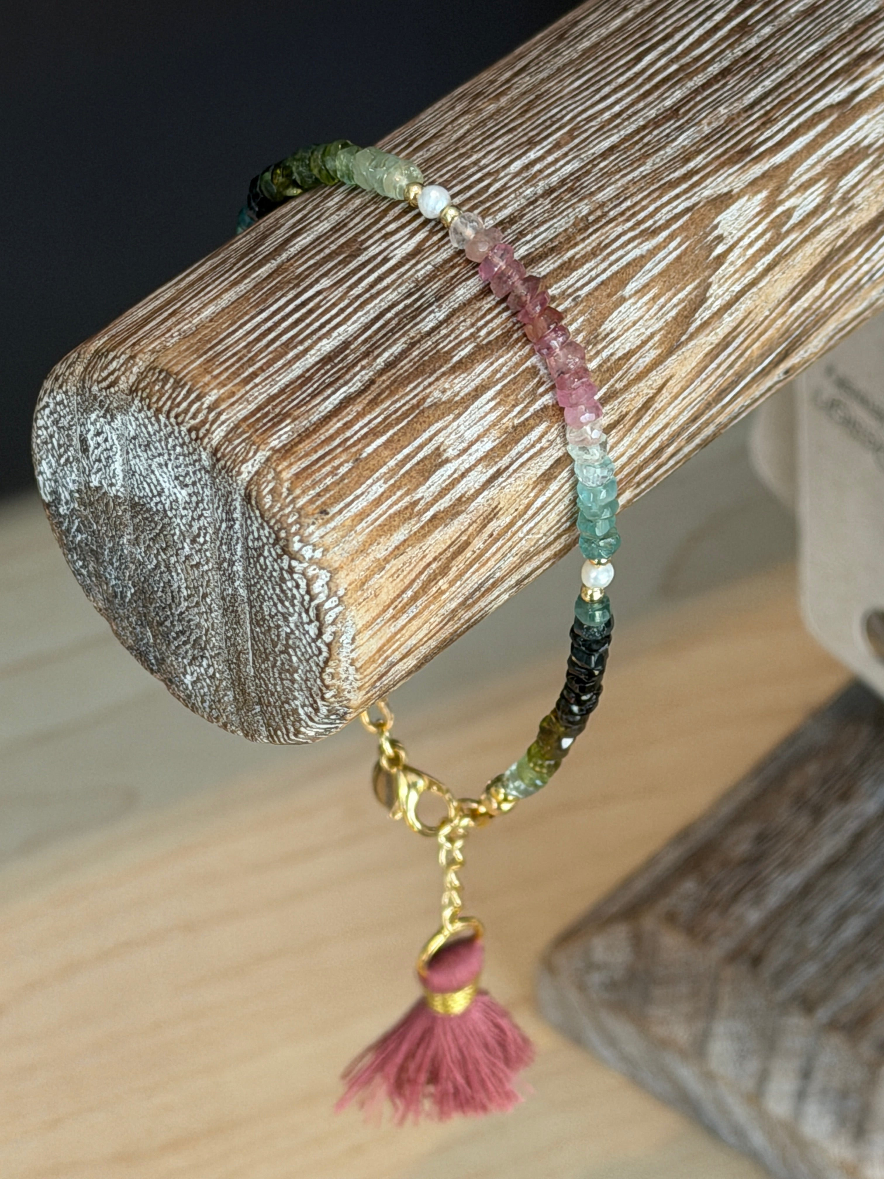 Aria bracelet #5 Tourmaline, freshwater pearl, tassel*