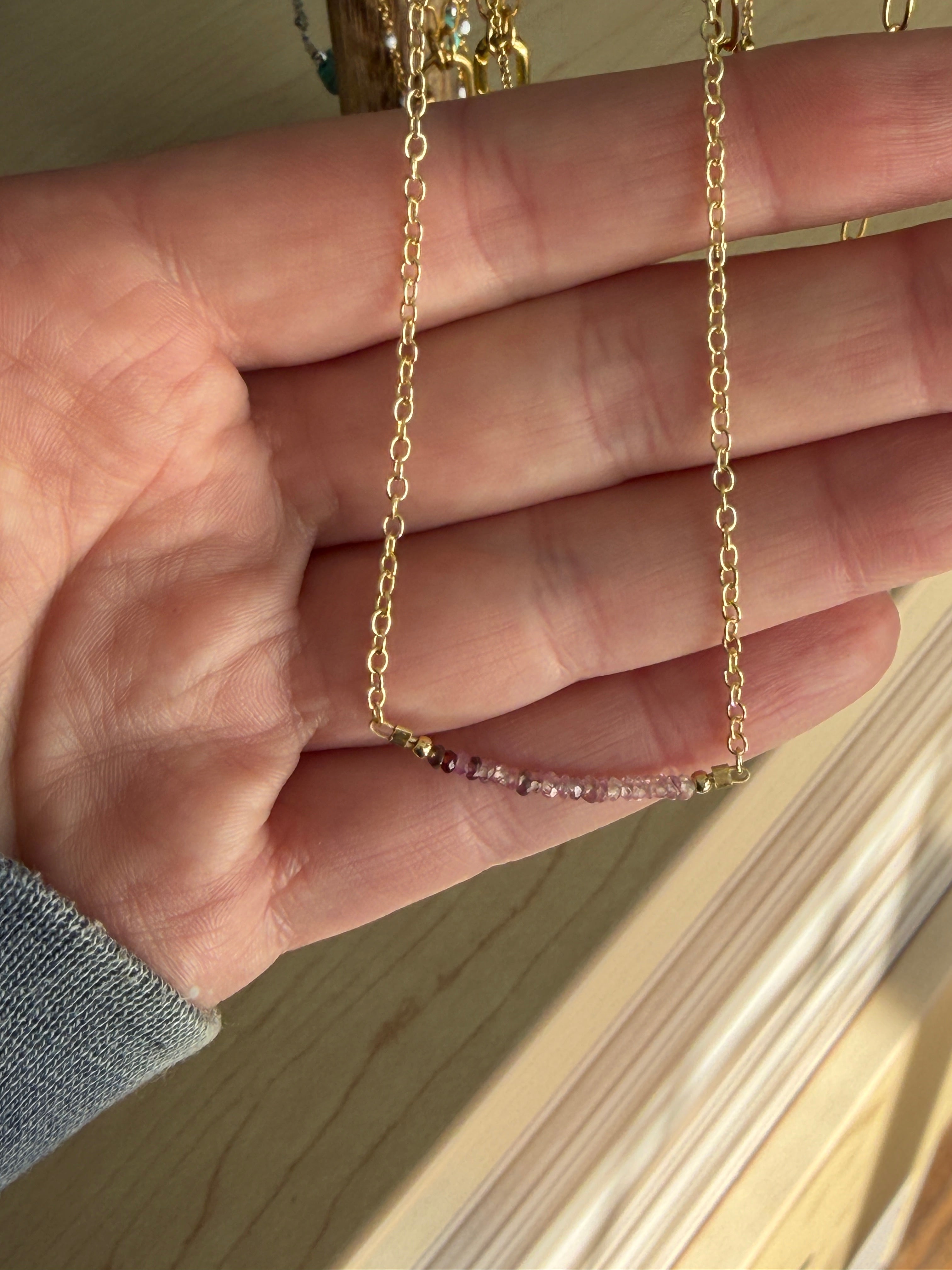 Sapphire 2mm beads with gold filled chain