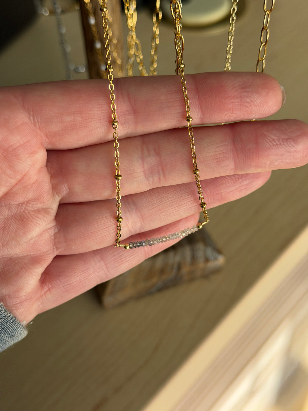 Sapphire 2mm beads with gold filled satellite chain