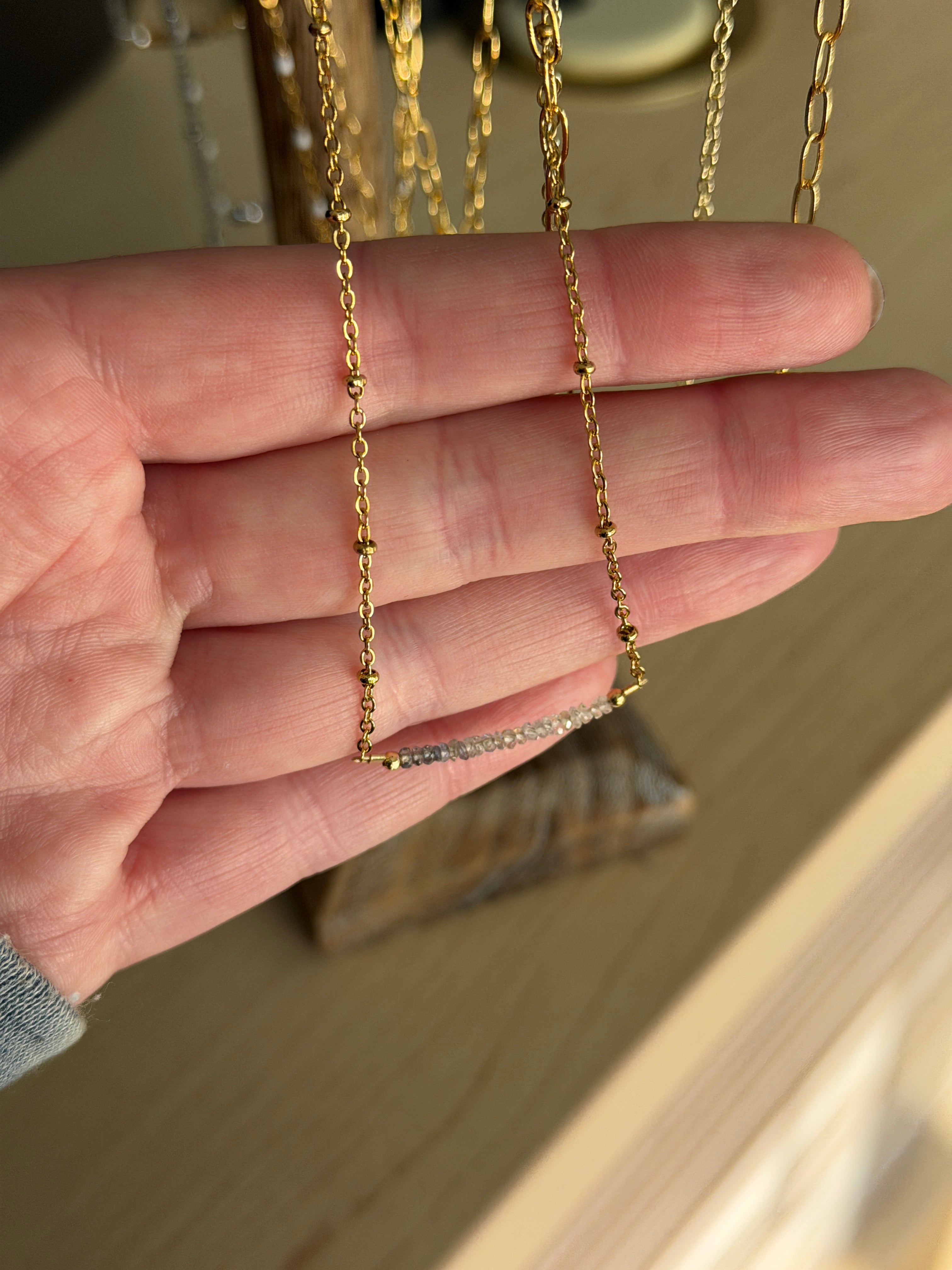 Sapphire 2mm beads with gold filled satellite chain