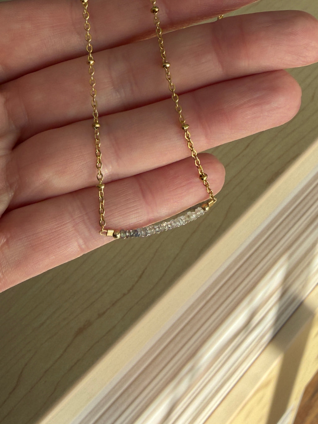 Sapphire 2mm beads with gold filled satellite chain