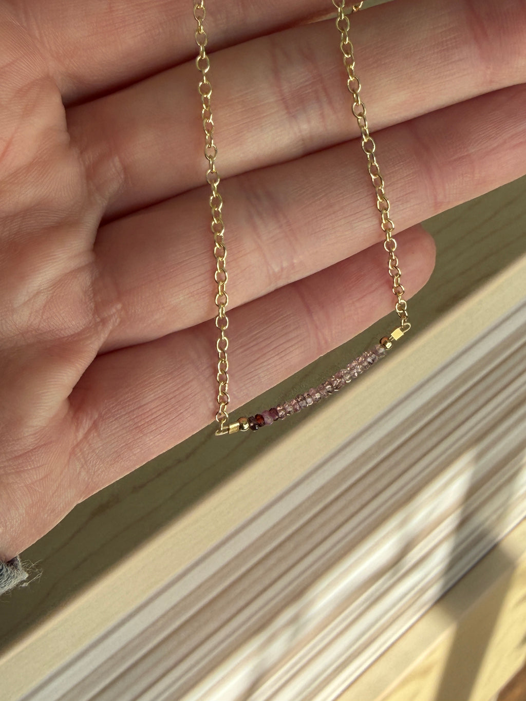Sapphire 2mm beads with gold filled chain