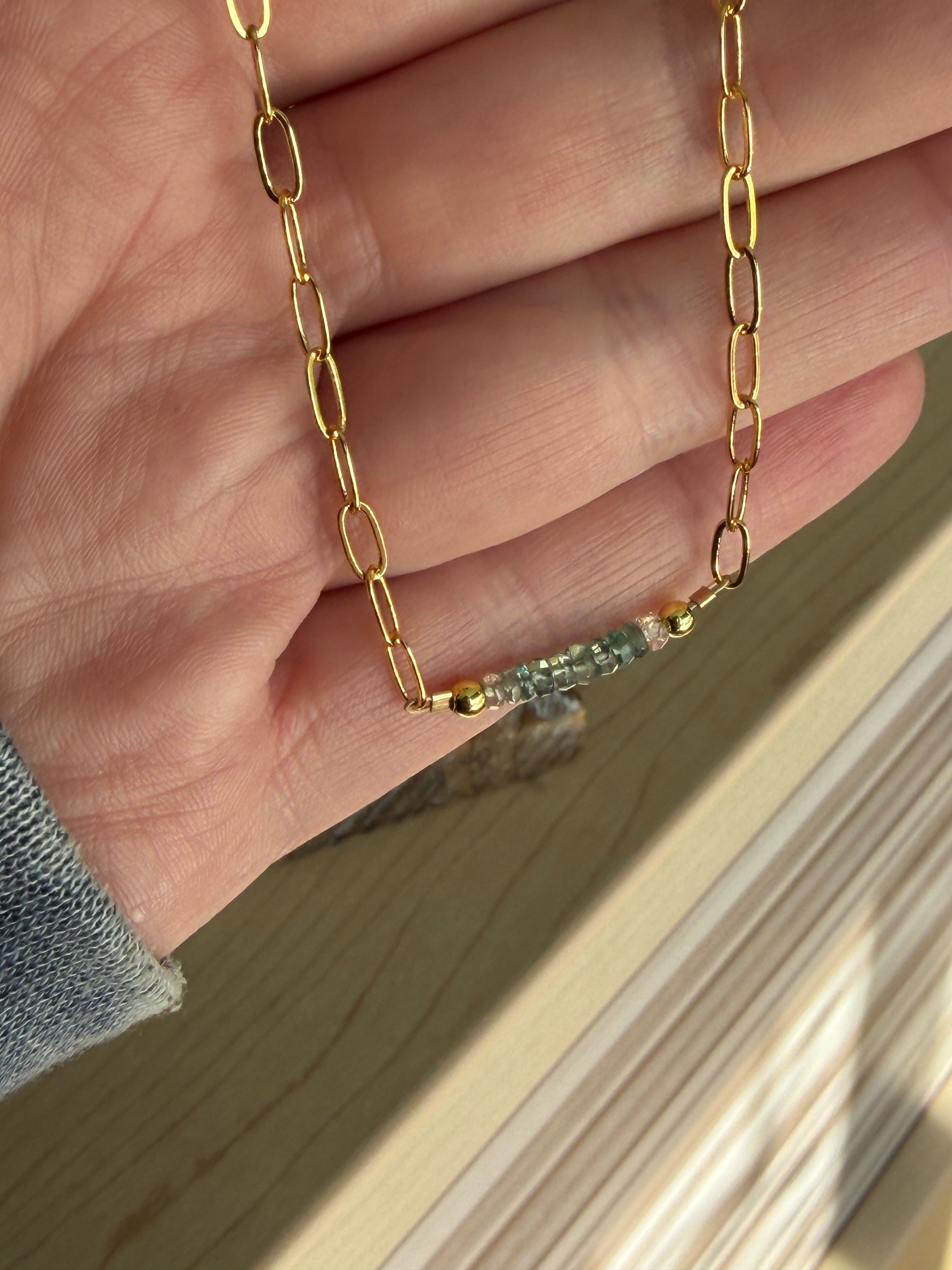 Tourmaline 4mm with gold plated paperclip chain