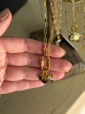 Gold plated paper clip chain with carabiner and charms