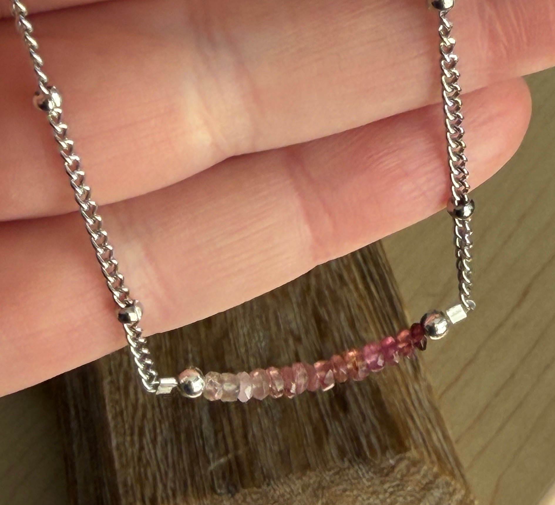 Sapphire 2mm beads with stainless steel satellite chain