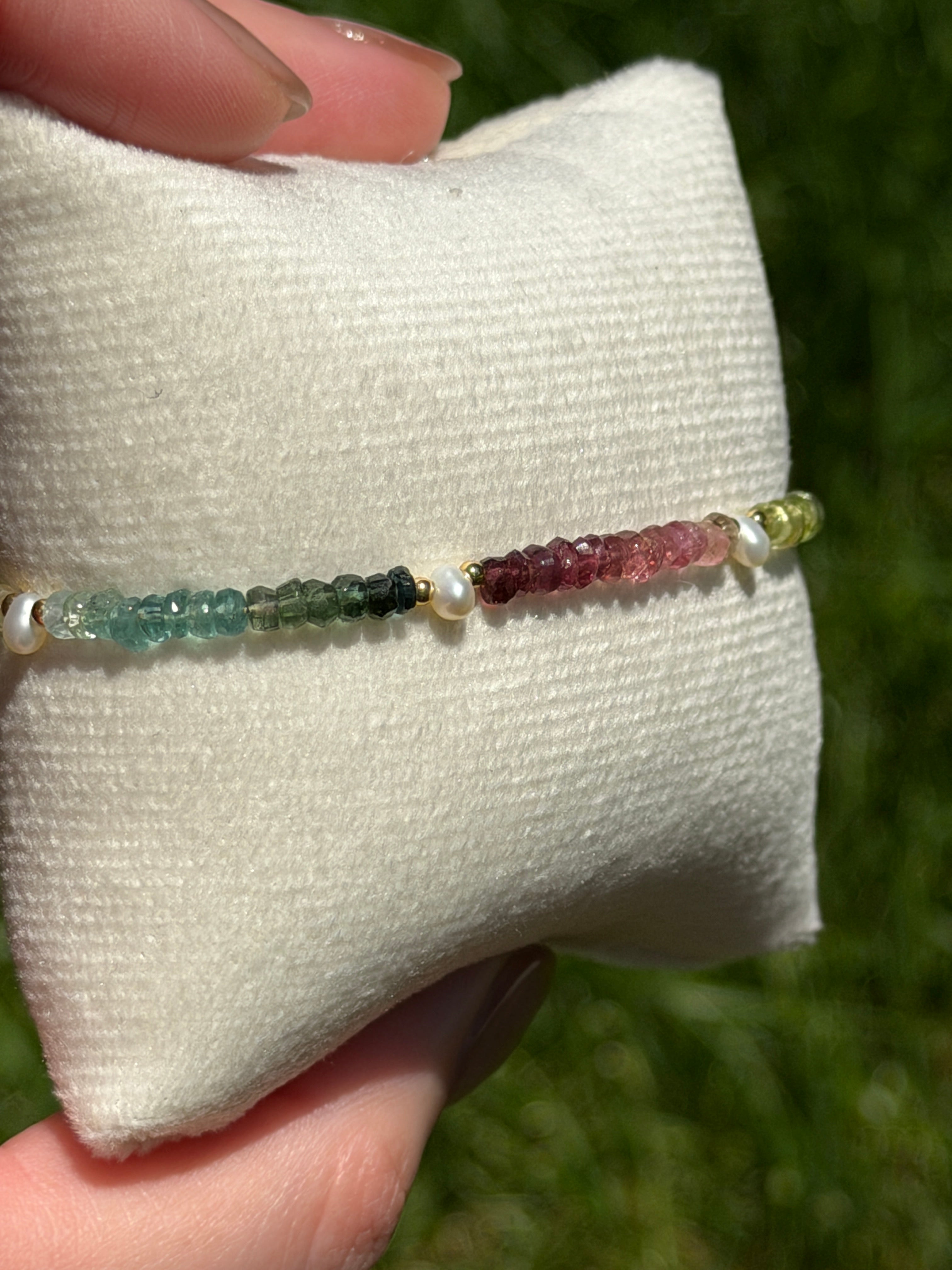 Aria bracelet #13 Tourmaline & Pearl with 14k gold plated accents*