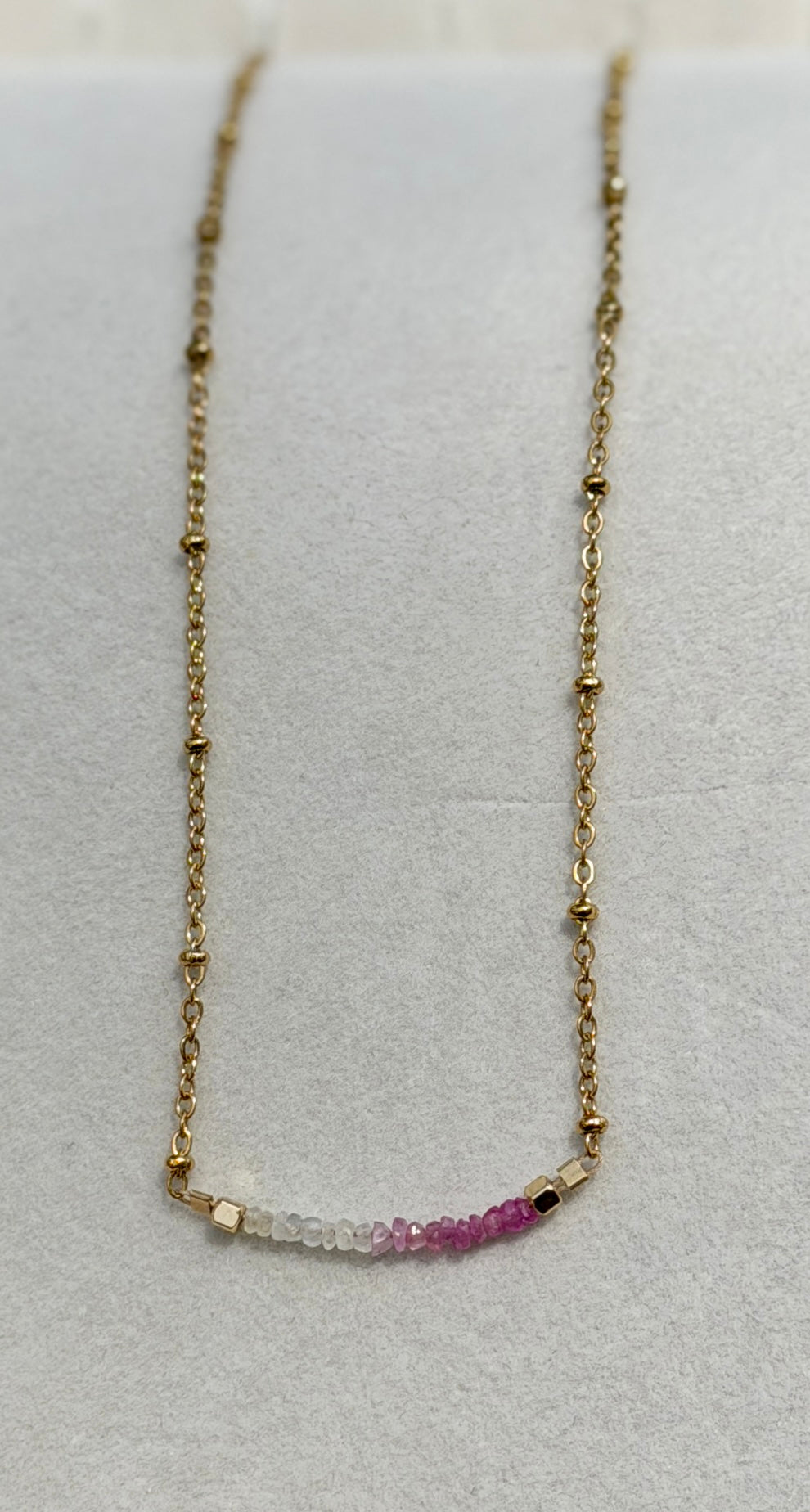 Sapphire 2mm beads with gold filled satellite chain