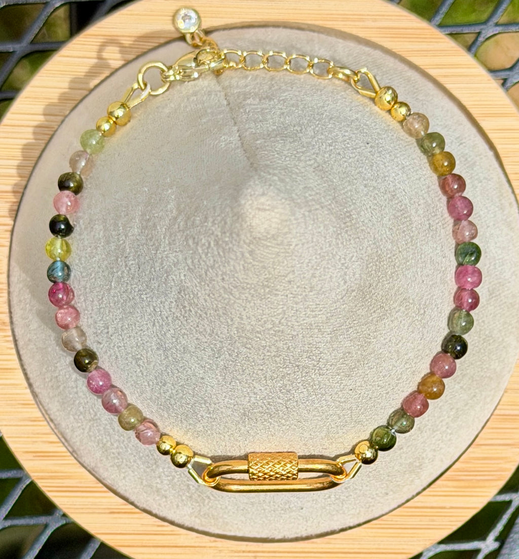 Solo bracelet #22 4mm multi colored tourmaline beads with 18k gold filled accents