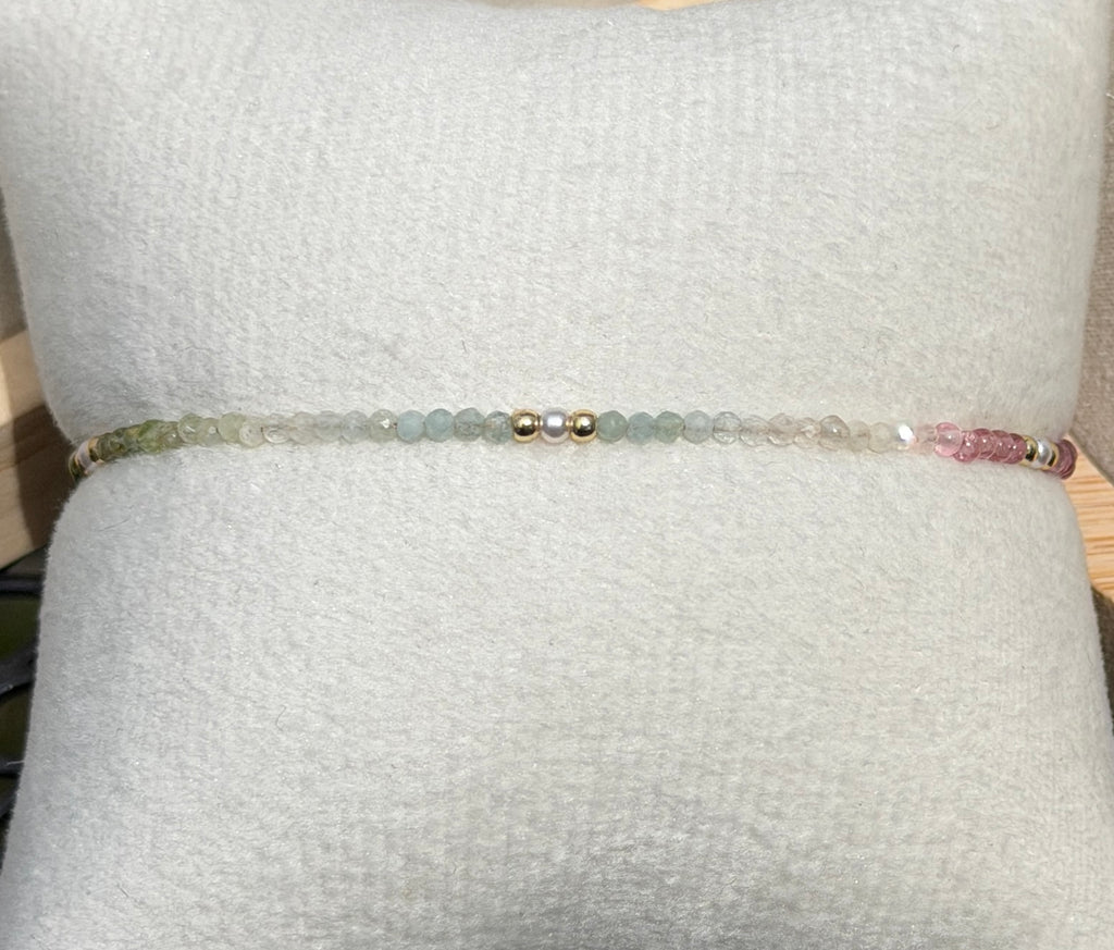 Aria bracelet #16 Tourmaline, aquamarine, lolite, freshwater pearls, 14k filled accents