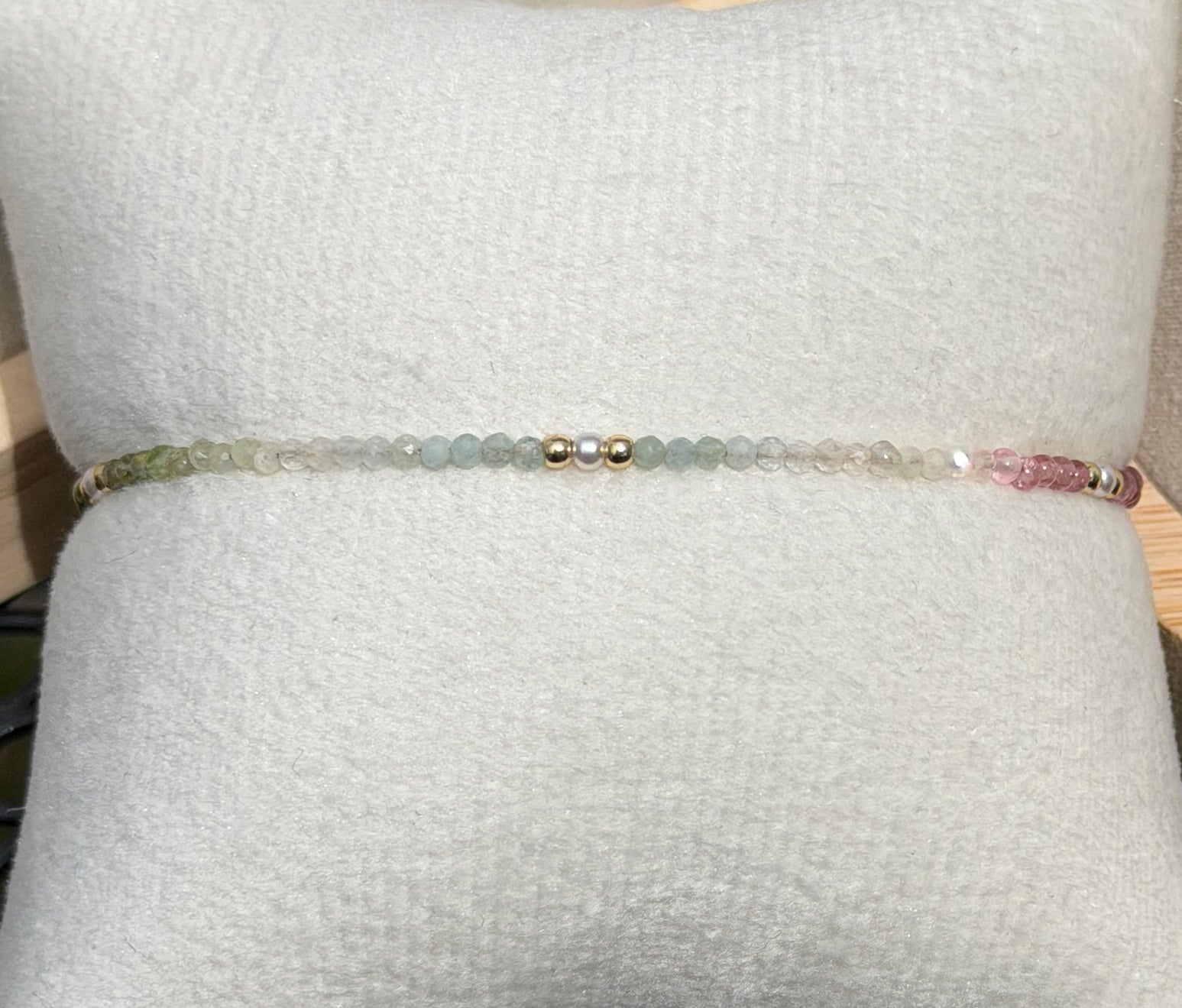 Aria bracelet #16 Tourmaline, aquamarine, lolite, freshwater pearls, 14k filled accents